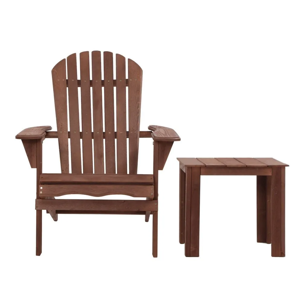 3PC Adirondack Outdoor Table and Chairs Wooden Foldable Beach Chair Brown