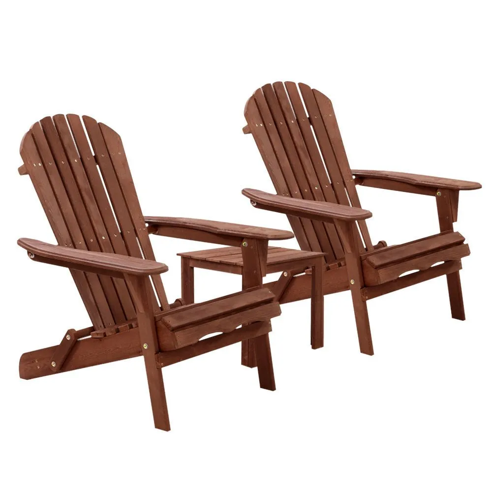 3PC Adirondack Outdoor Table and Chairs Wooden Foldable Beach Chair Brown