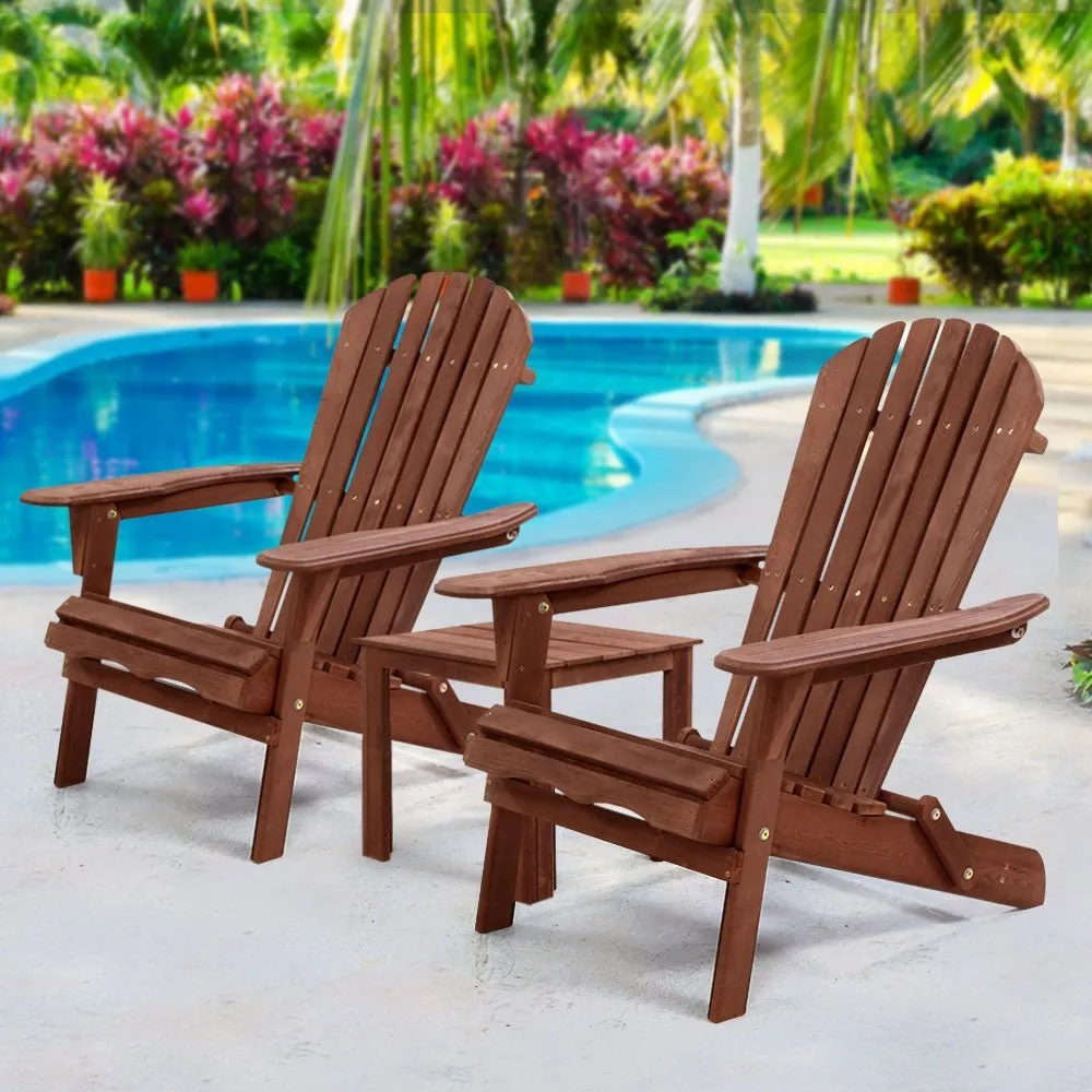 3PC Adirondack Outdoor Table and Chairs Wooden Foldable Beach Chair Brown