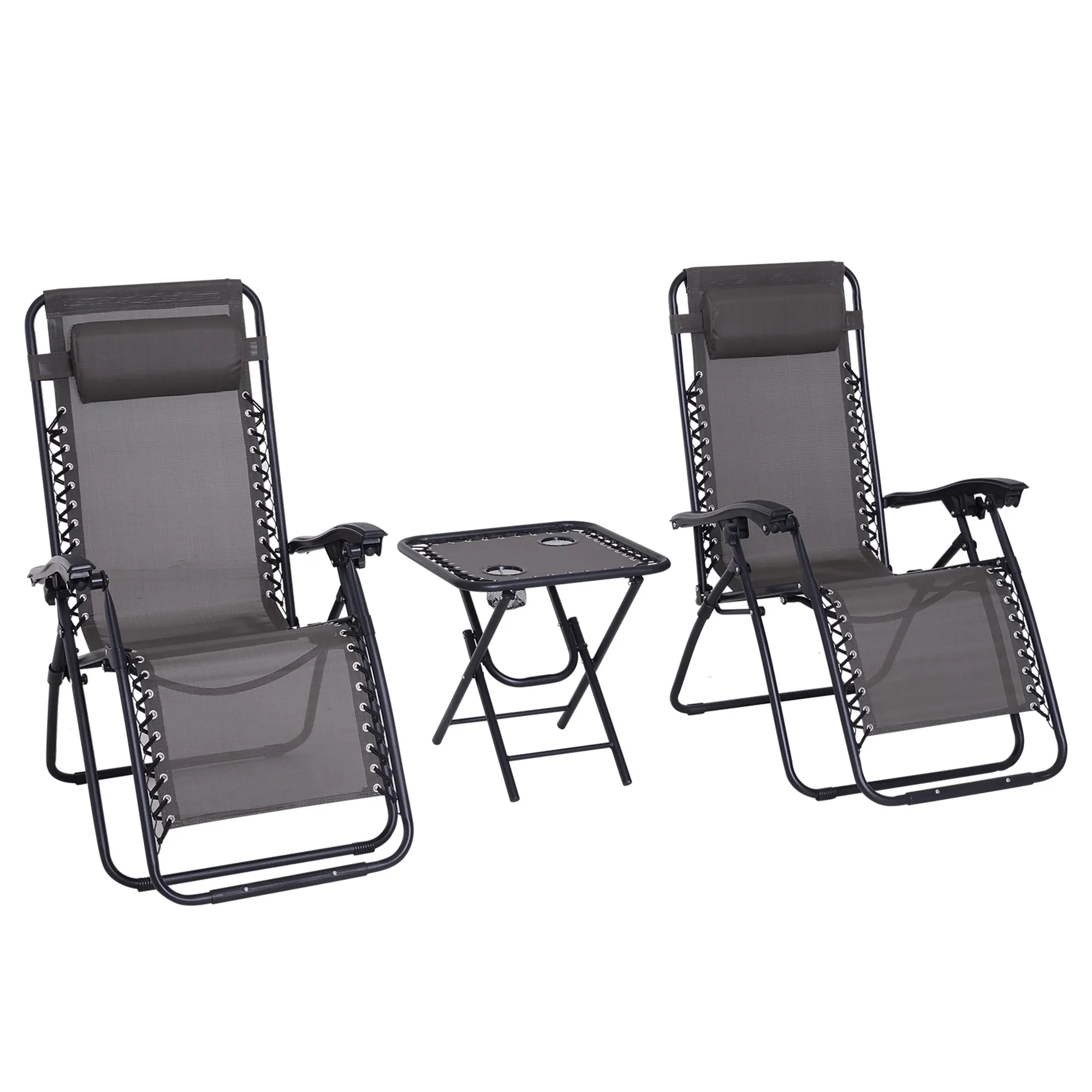 3pcs Folding Zero Gravity Chairs Sun Lounger Table Set w/ Cup Holders Reclining Garden Yard Pool, Grey