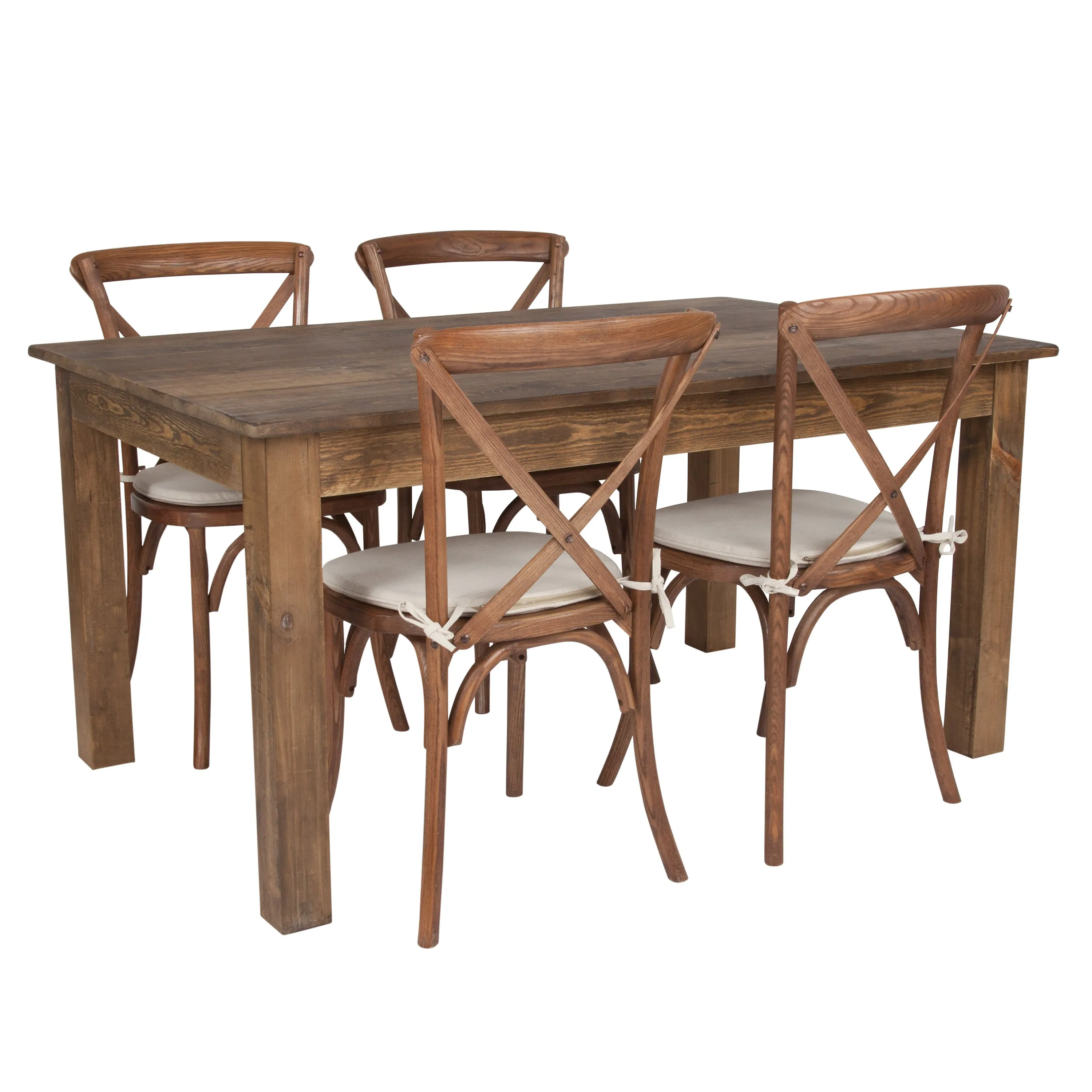 60" x 38" Farm Table Set with 4 Cross Back Chairs and Cushions