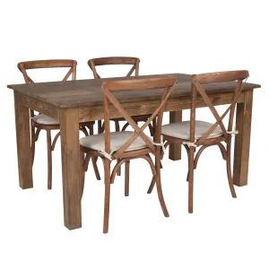 60" x 38" Farm Table Set with 4 Cross Back Chairs and Cushions