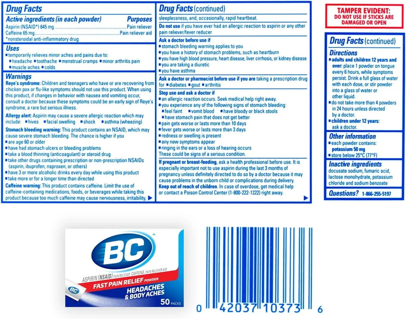 BC Powder Original Strength Pain Reliever, Aspirin Dissolve Packs, 50 Count