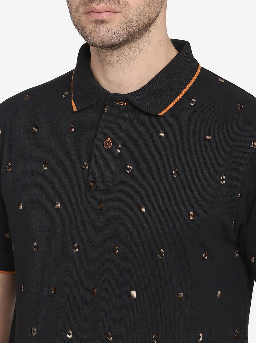 Black Printed Slim Fit Polo T-shirt  | Greenfibre