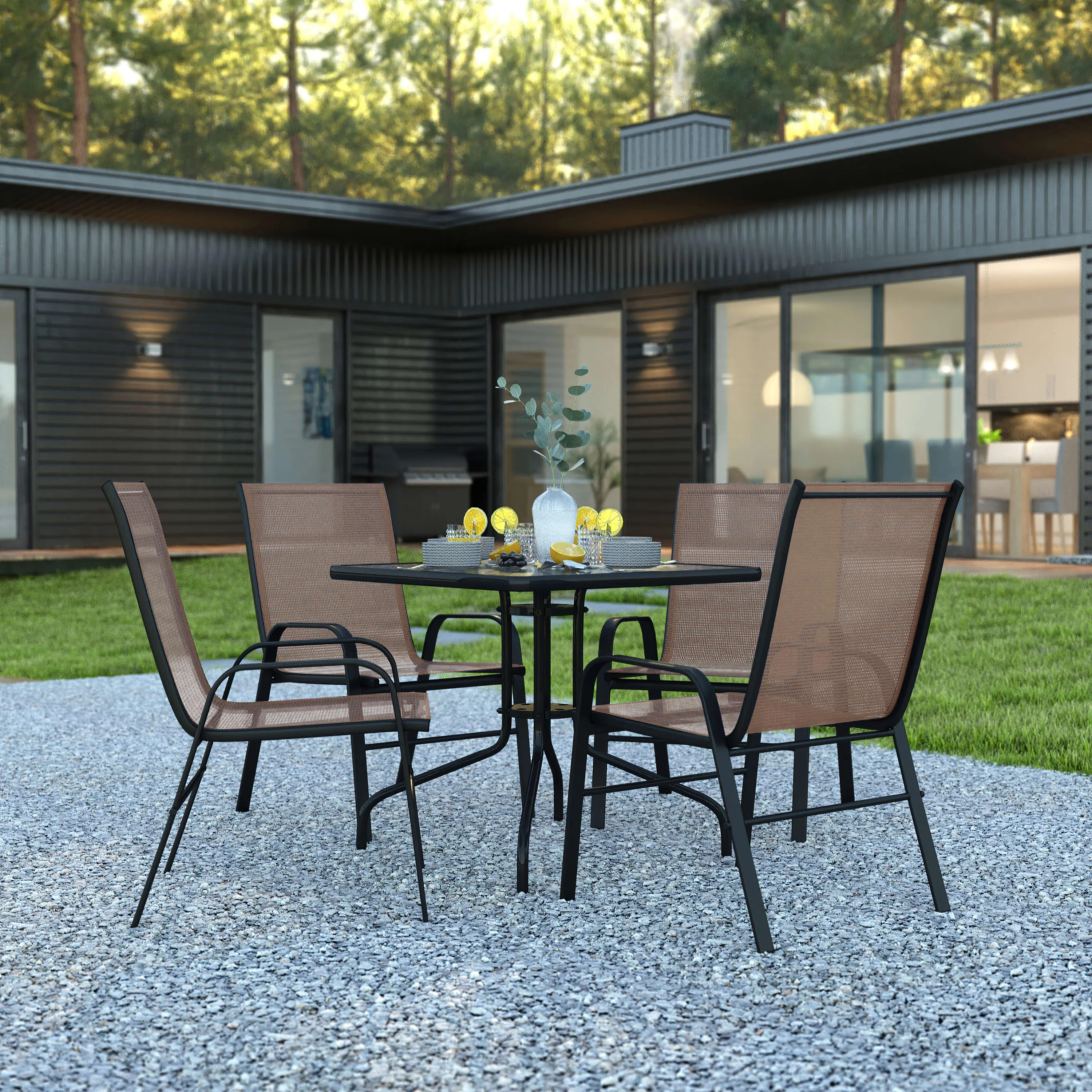 Brazos 5 Piece Outdoor Patio Dining Set - Tempered Glass Patio Table, 4 Flex Comfort Stack Chairs