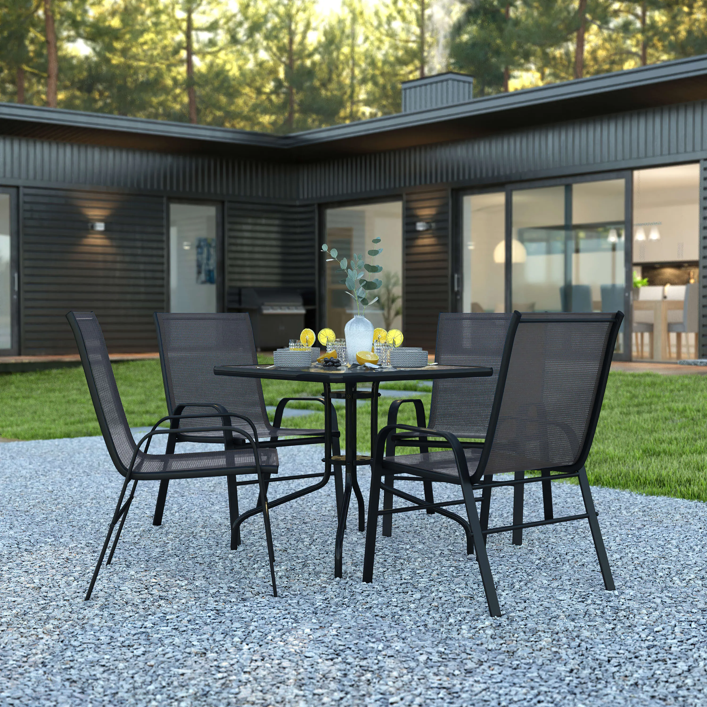 Brazos 5 Piece Outdoor Patio Dining Set - Tempered Glass Patio Table, 4 Flex Comfort Stack Chairs