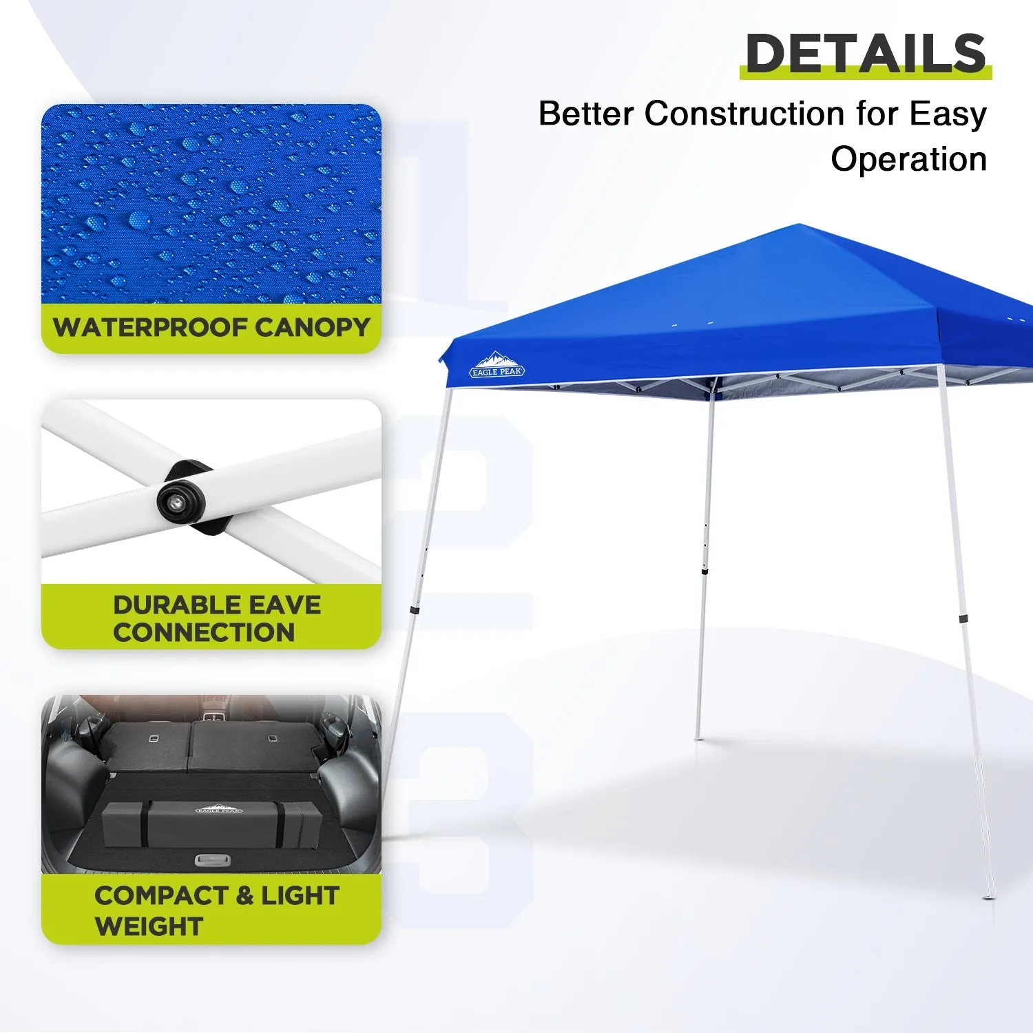 EAGLE PEAK 11x11 Slant Leg Pop-up Canopy Tent, Shelter 11x11 Base 9x9 Top, Blue / Green / White