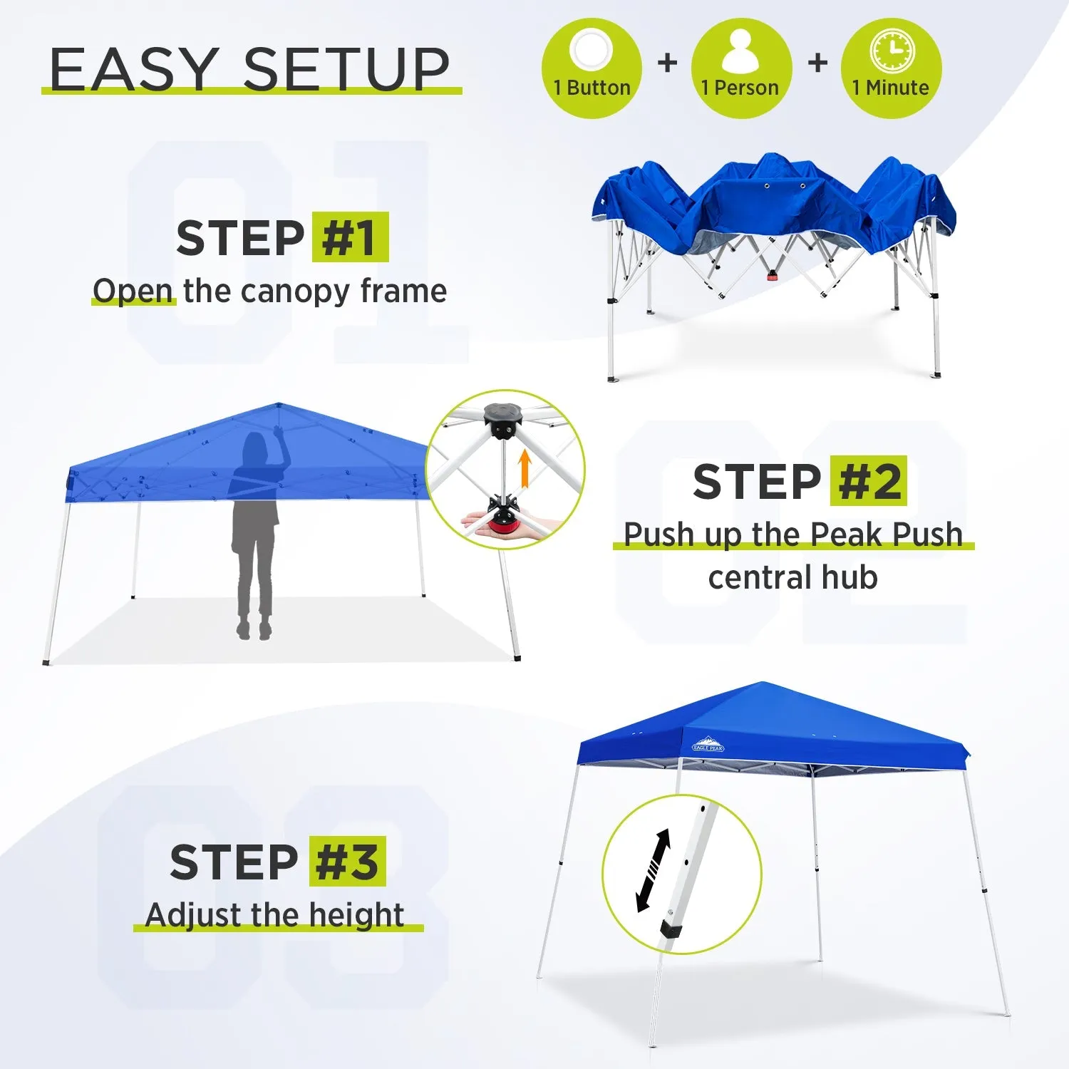 EAGLE PEAK 11x11 Slant Leg Pop-up Canopy Tent, Shelter 11x11 Base 9x9 Top, Blue / Green / White