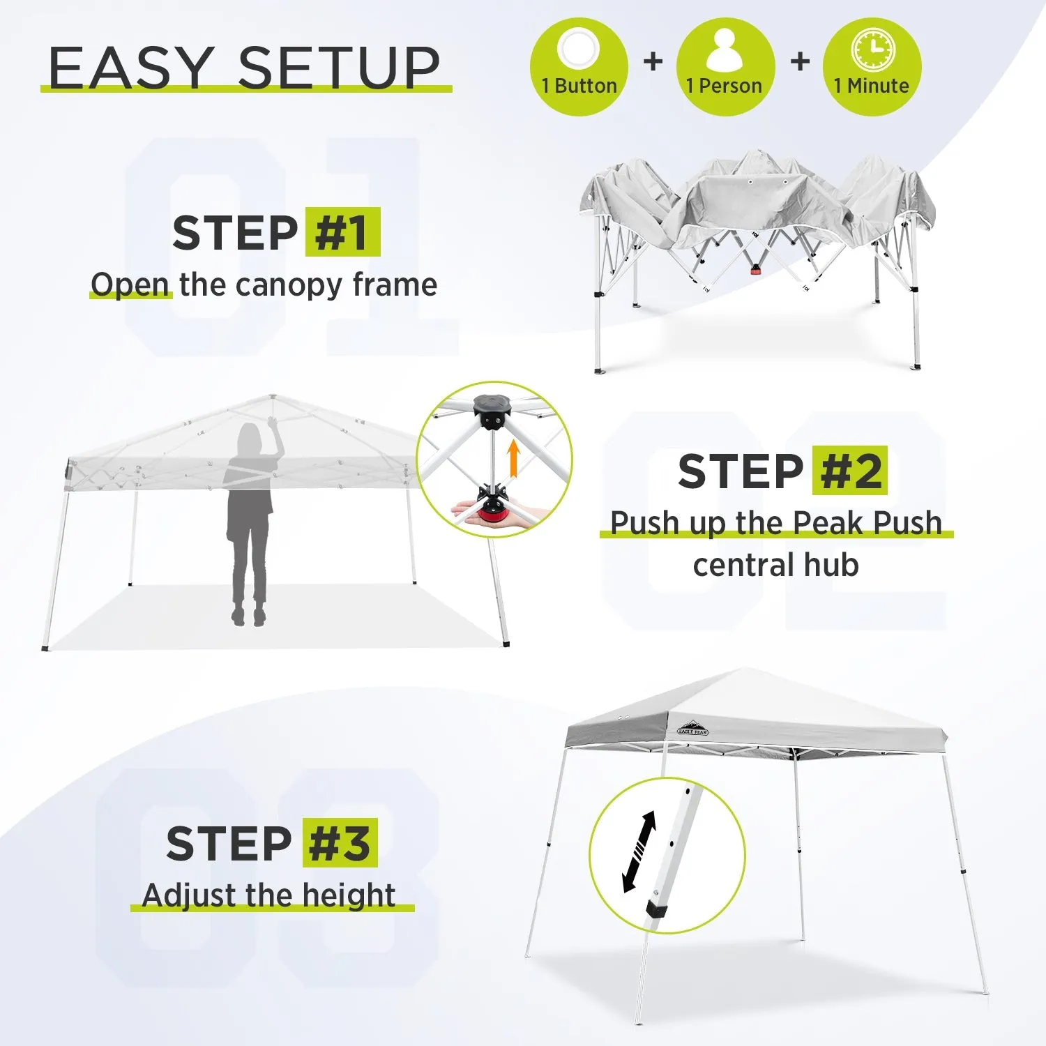 EAGLE PEAK 11x11 Slant Leg Pop-up Canopy Tent, Shelter 11x11 Base 9x9 Top, Blue / Green / White