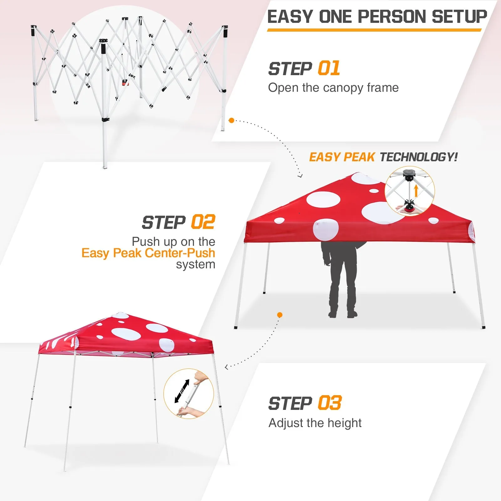 Eagle Peak SHADE GRAPHiX Slant Leg 10x10 Easy Setup Pop Up Canopy Tent (Red Mushroom Top)