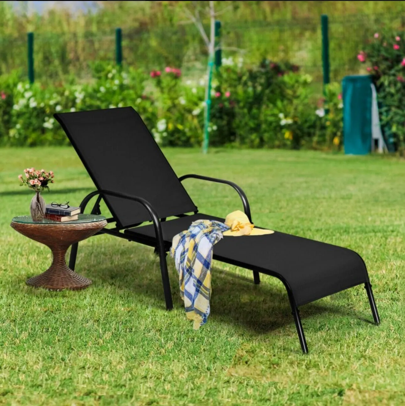 Elegant 2-Piece Outdoor Patio Lounge Chair Chaise Fabric | Adjustable Reclining Armrest | Heavy Duty