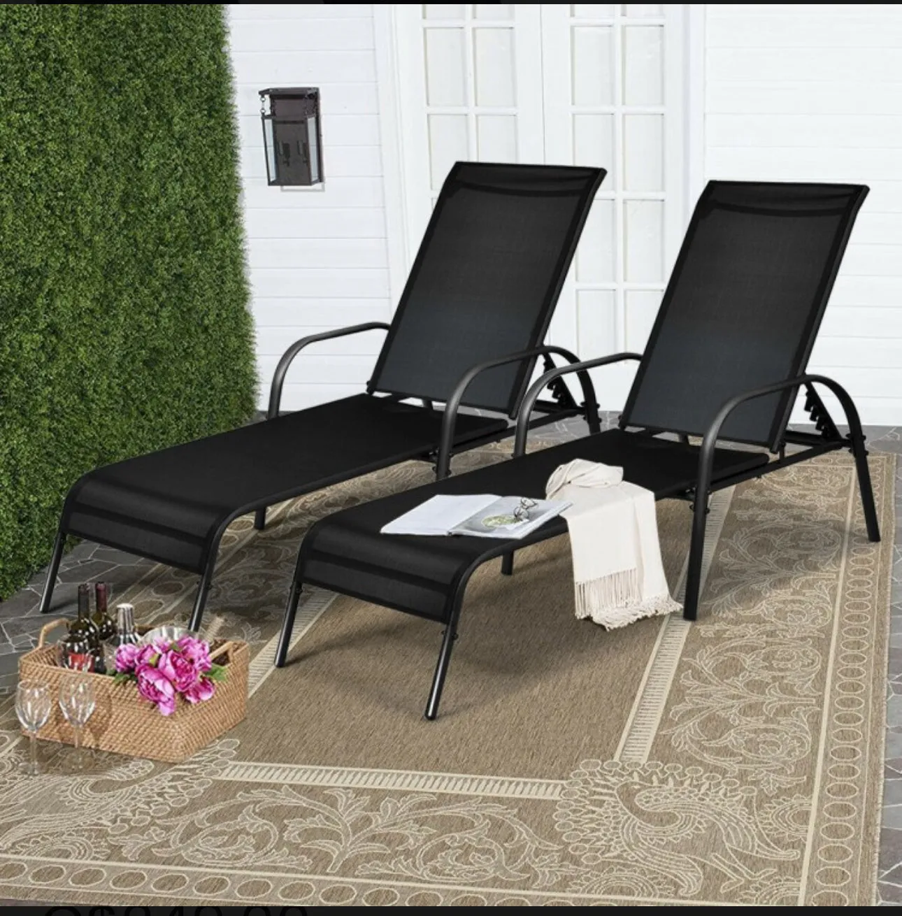 Elegant 2-Piece Outdoor Patio Lounge Chair Chaise Fabric | Adjustable Reclining Armrest | Heavy Duty