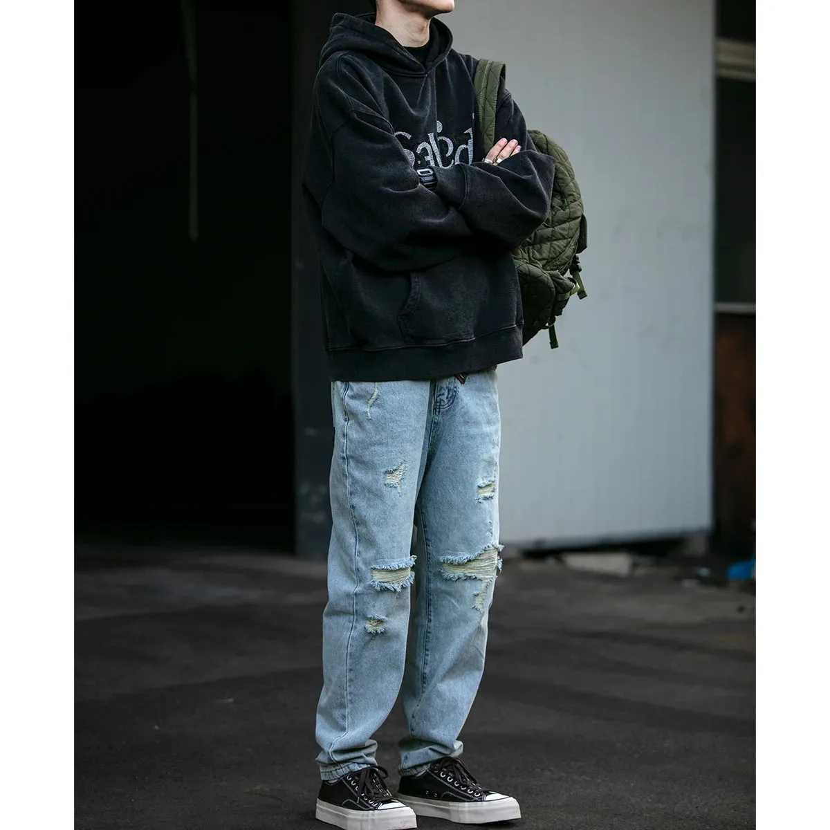 Korean Ripped Jeans For Men Streetwear Straight-leg Denim Cargo Pants