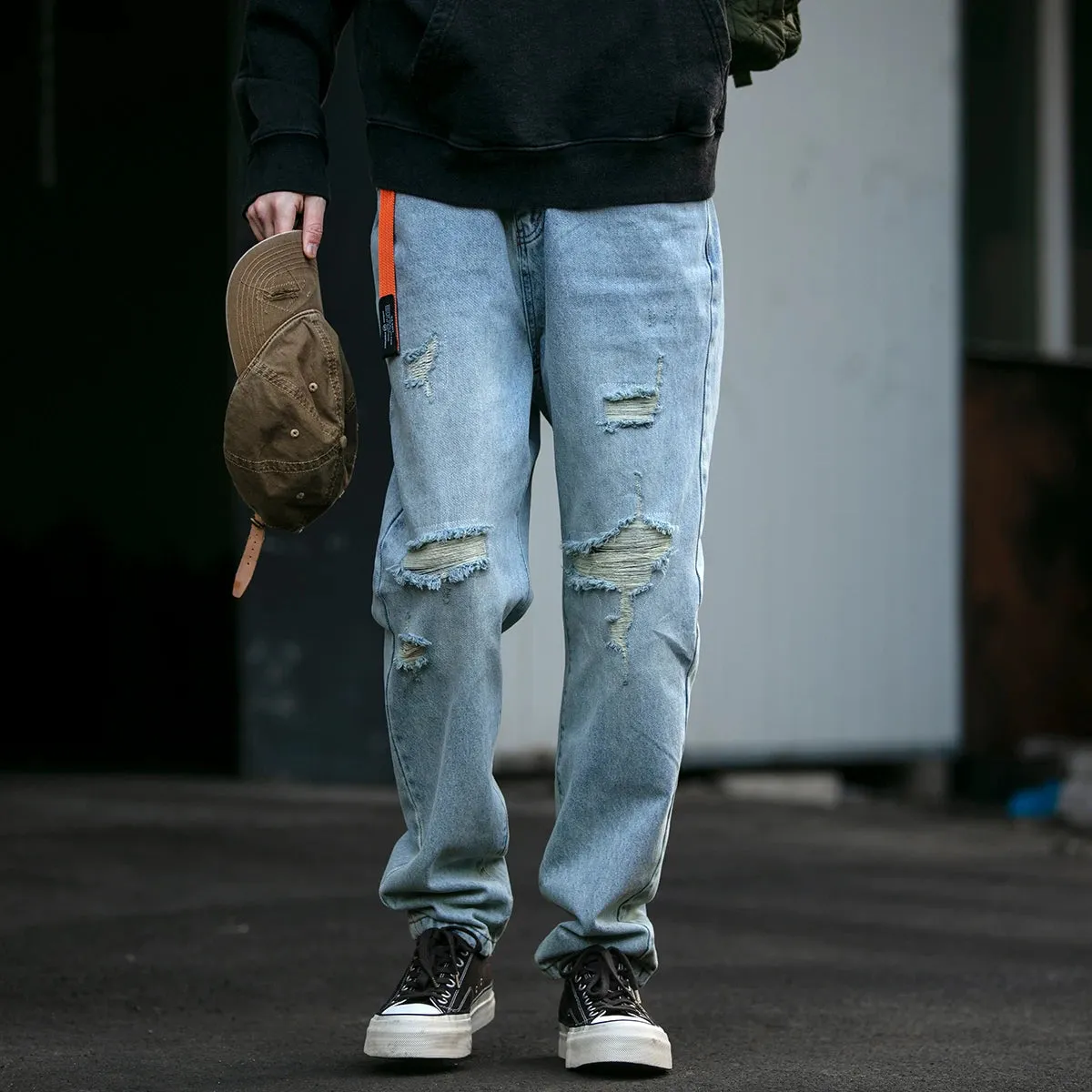 Korean Ripped Jeans For Men Streetwear Straight-leg Denim Cargo Pants