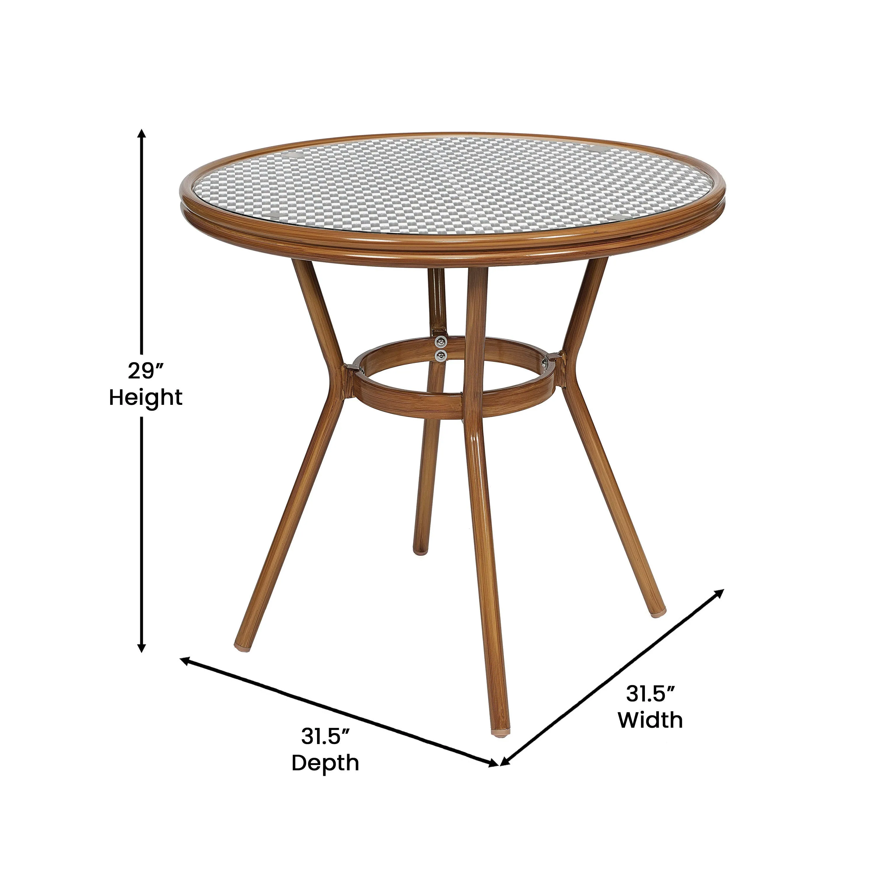 Lourdes Indoor/Outdoor Commercial Bistro 31.5" Table, PE Rattan, Glass Top with 2 Stack Chairs