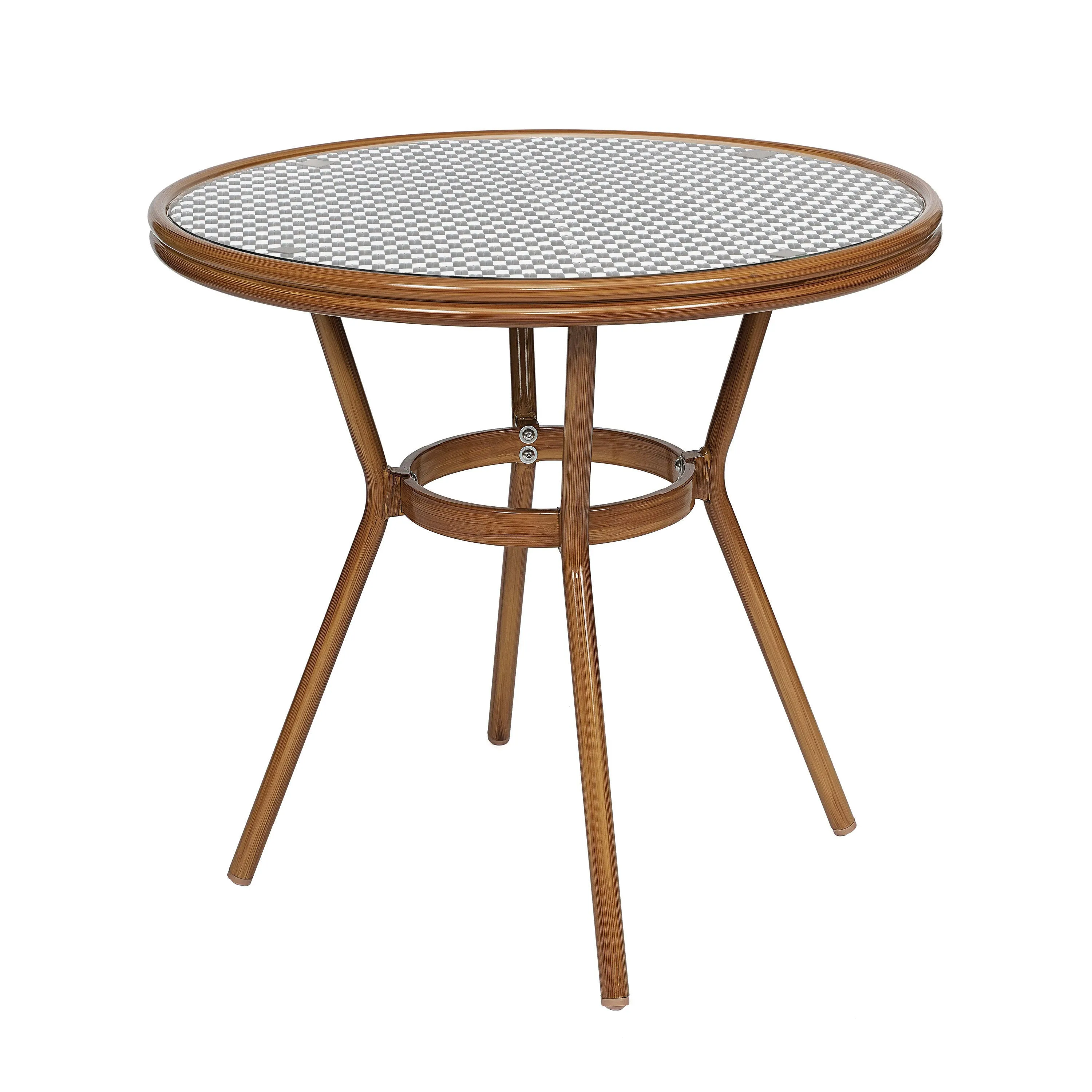 Lourdes Indoor/Outdoor Commercial Bistro 31.5" Table, PE Rattan, Glass Top with 2 Stack Chairs