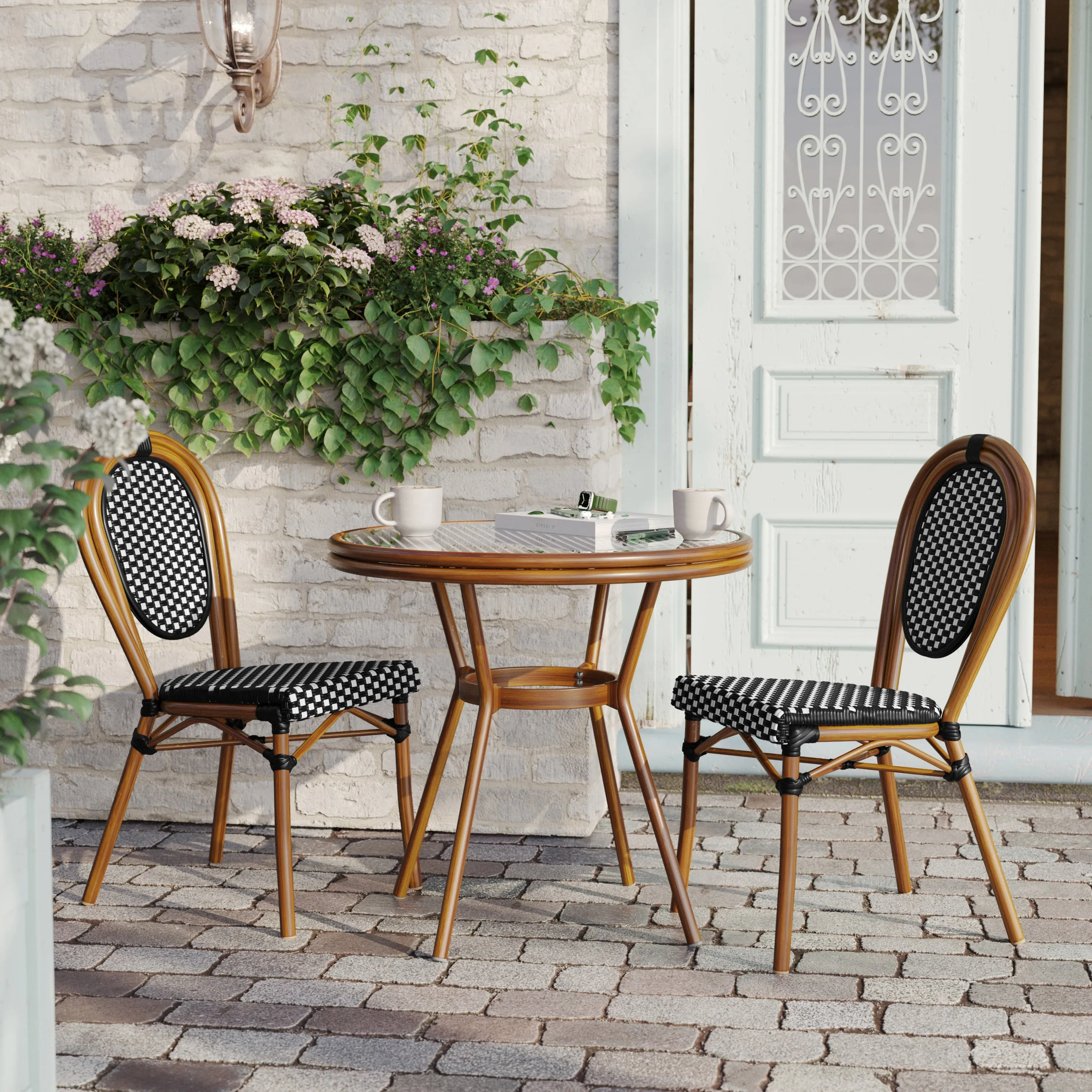 Lourdes Indoor/Outdoor Commercial Bistro 31.5" Table, PE Rattan, Glass Top with 2 Stack Chairs