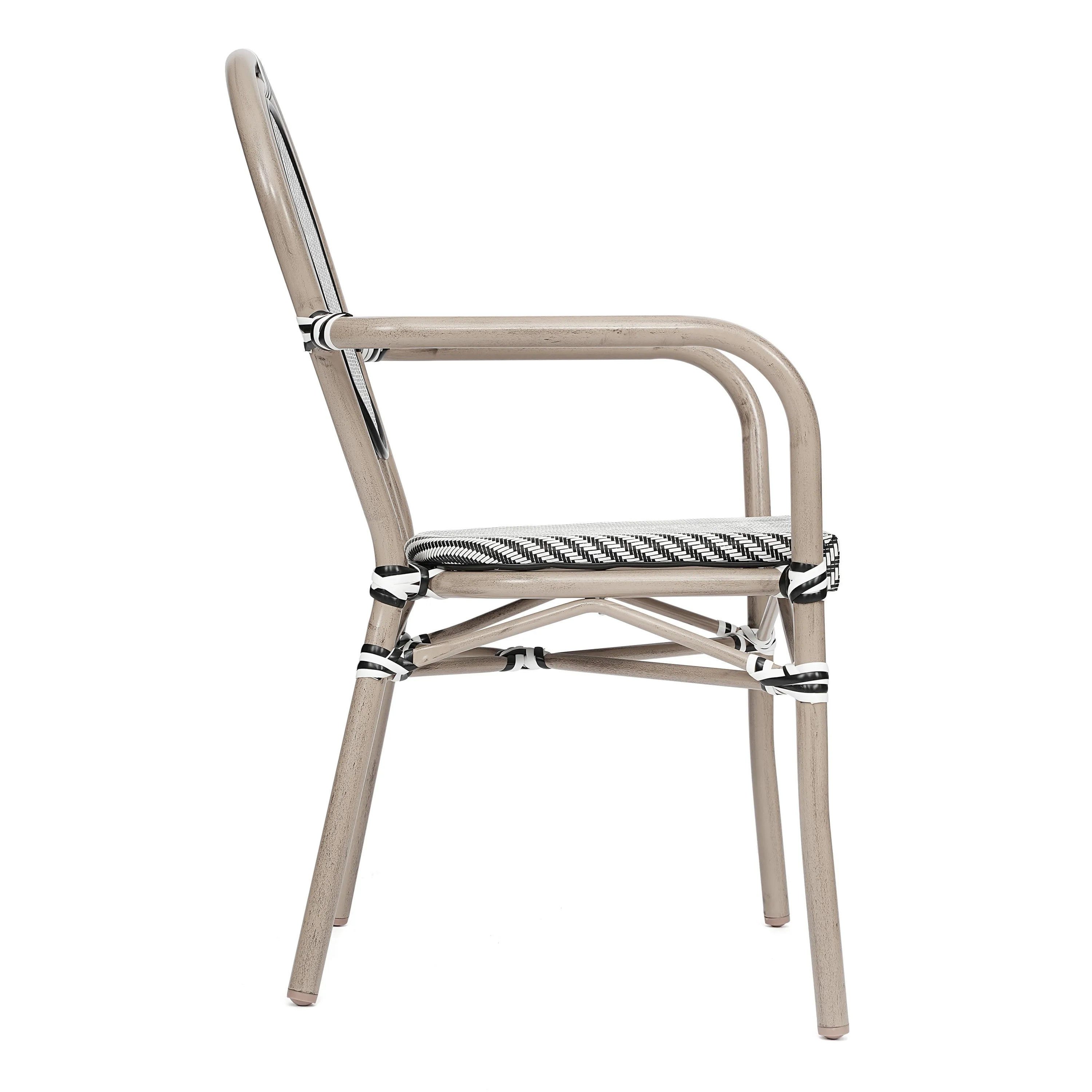 Marseille Indoor/Outdoor Commercial Thonet Bistro Stacking Chair with Arms, Textilene and Bamboo Print Aluminum Frame