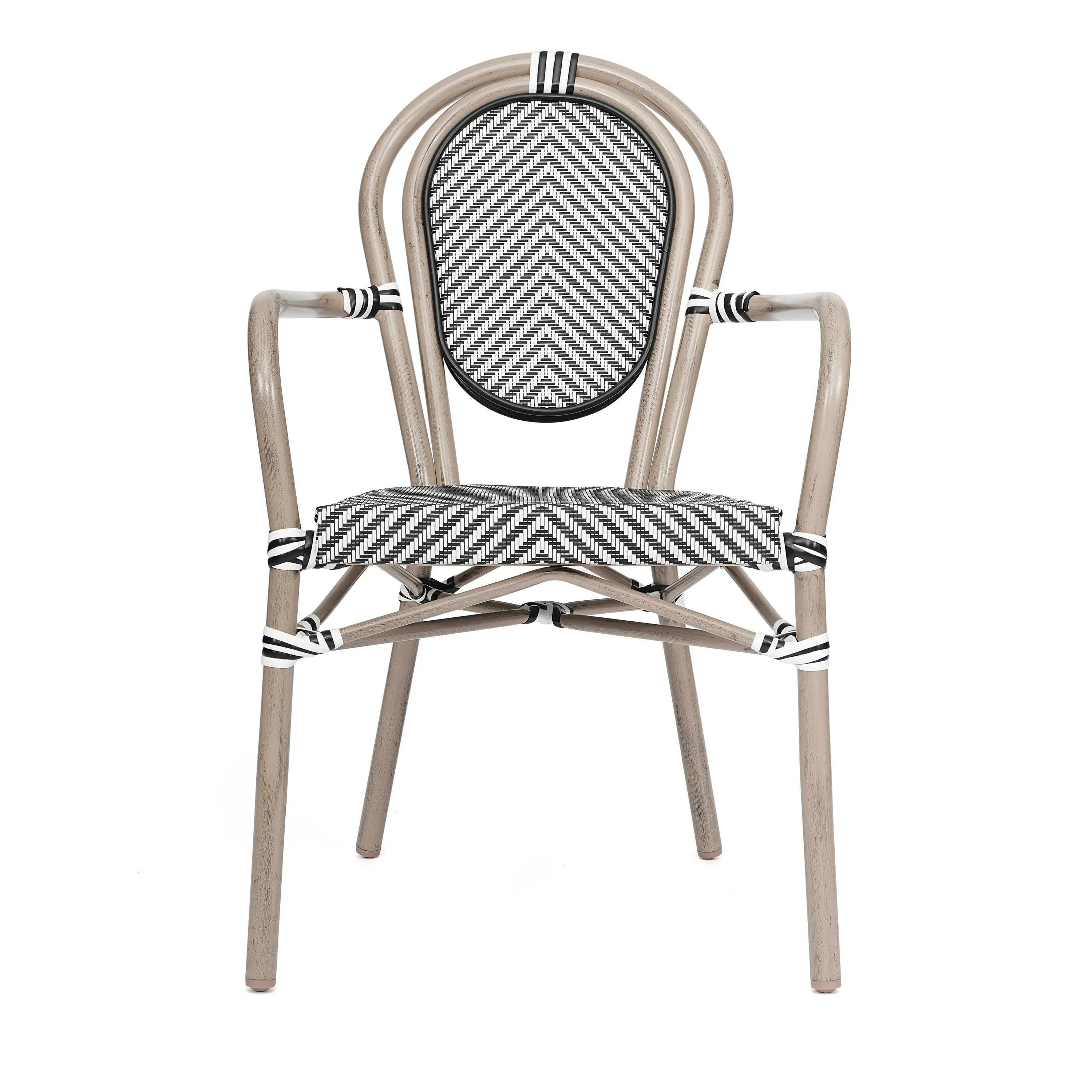 Marseille Indoor/Outdoor Commercial Thonet Bistro Stacking Chair with Arms, Textilene and Bamboo Print Aluminum Frame