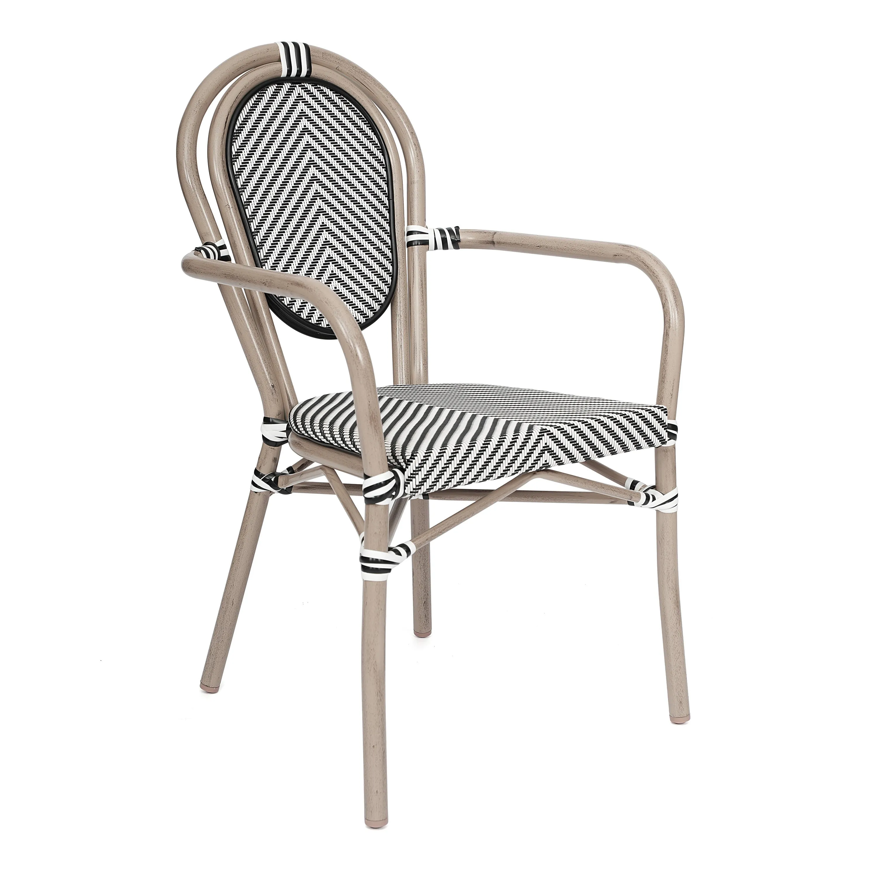 Marseille Indoor/Outdoor Commercial Thonet Bistro Stacking Chair with Arms, Textilene and Bamboo Print Aluminum Frame