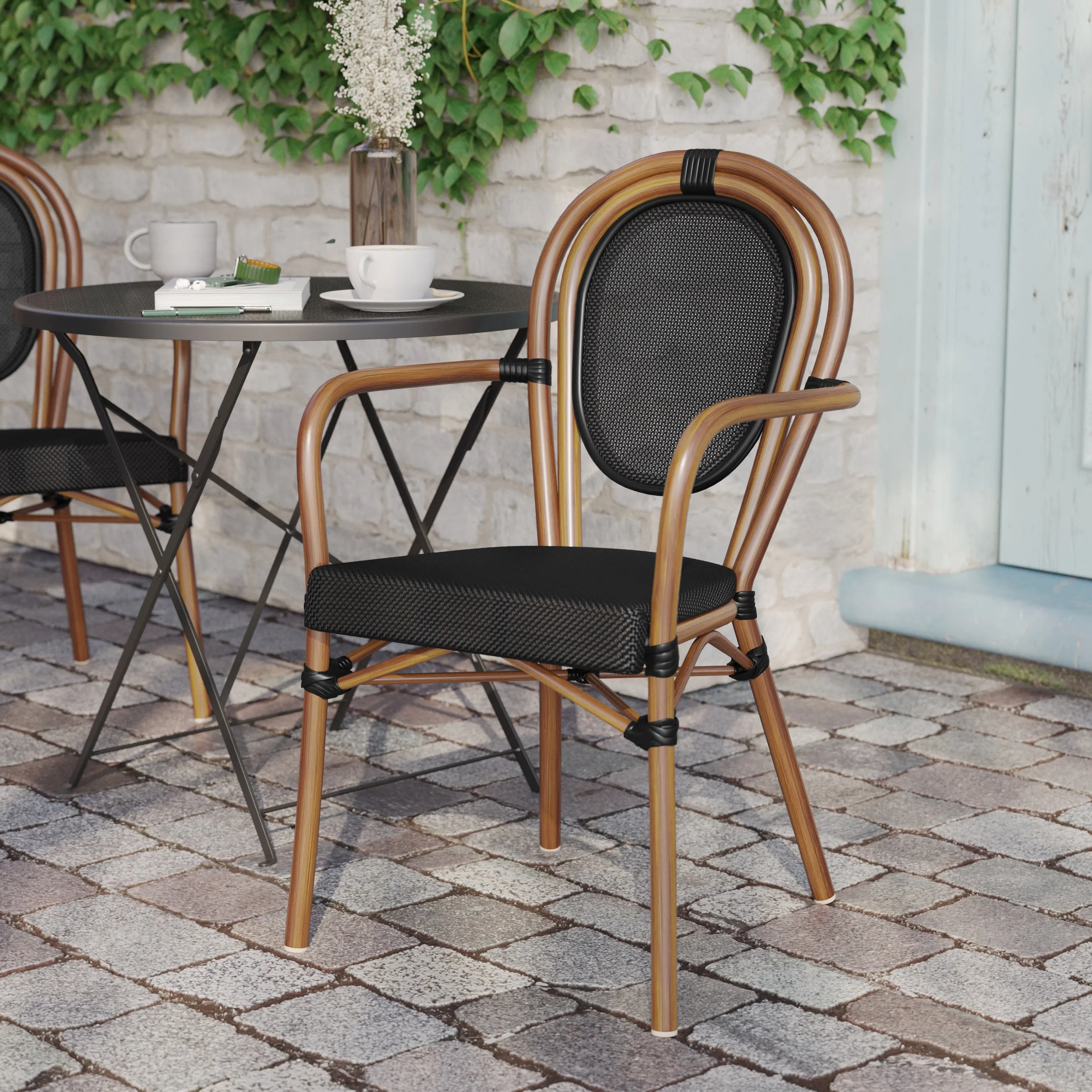 Marseille Indoor/Outdoor Commercial Thonet Bistro Stacking Chair with Arms, Textilene and Bamboo Print Aluminum Frame