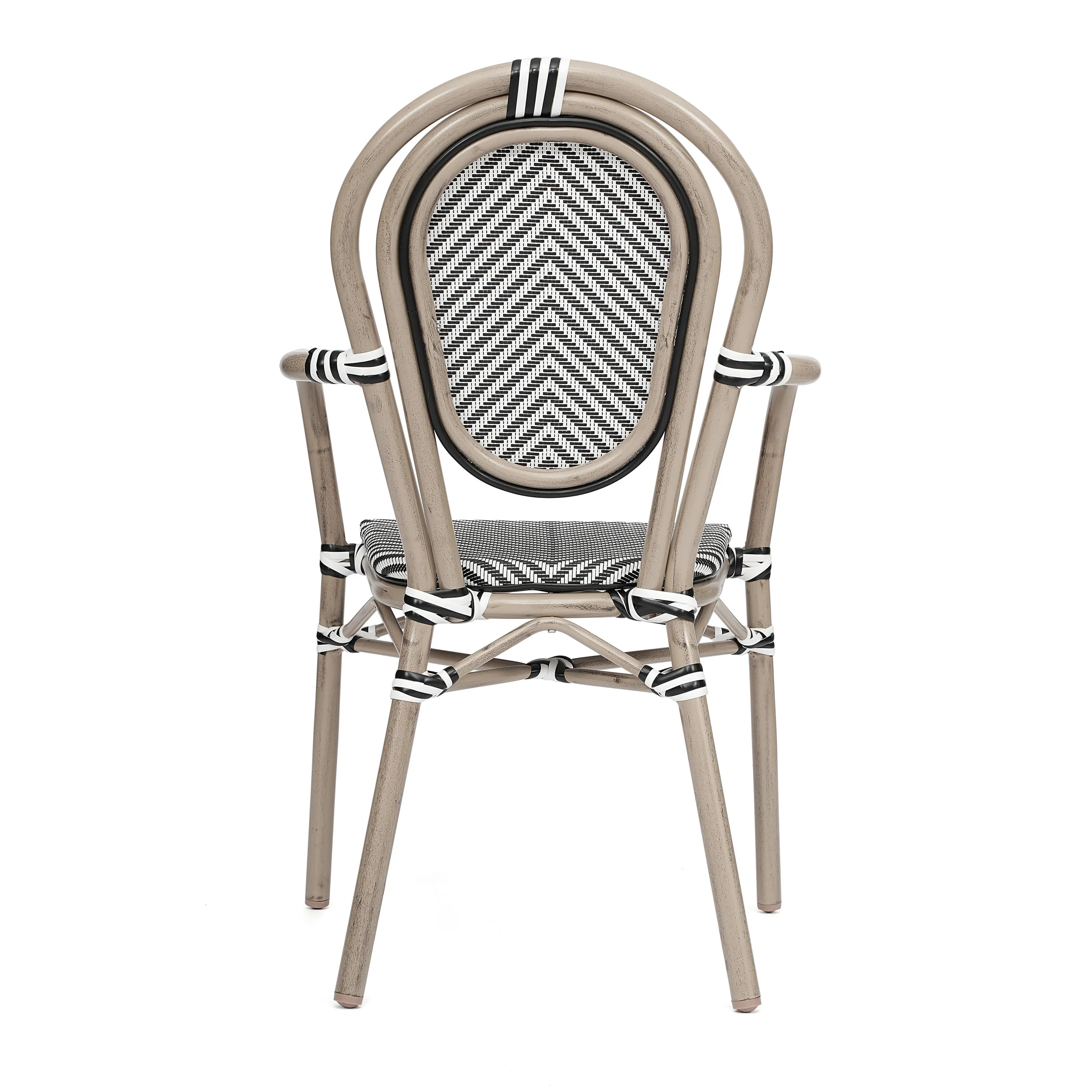 Marseille Indoor/Outdoor Commercial Thonet Bistro Stacking Chair with Arms, Textilene and Bamboo Print Aluminum Frame