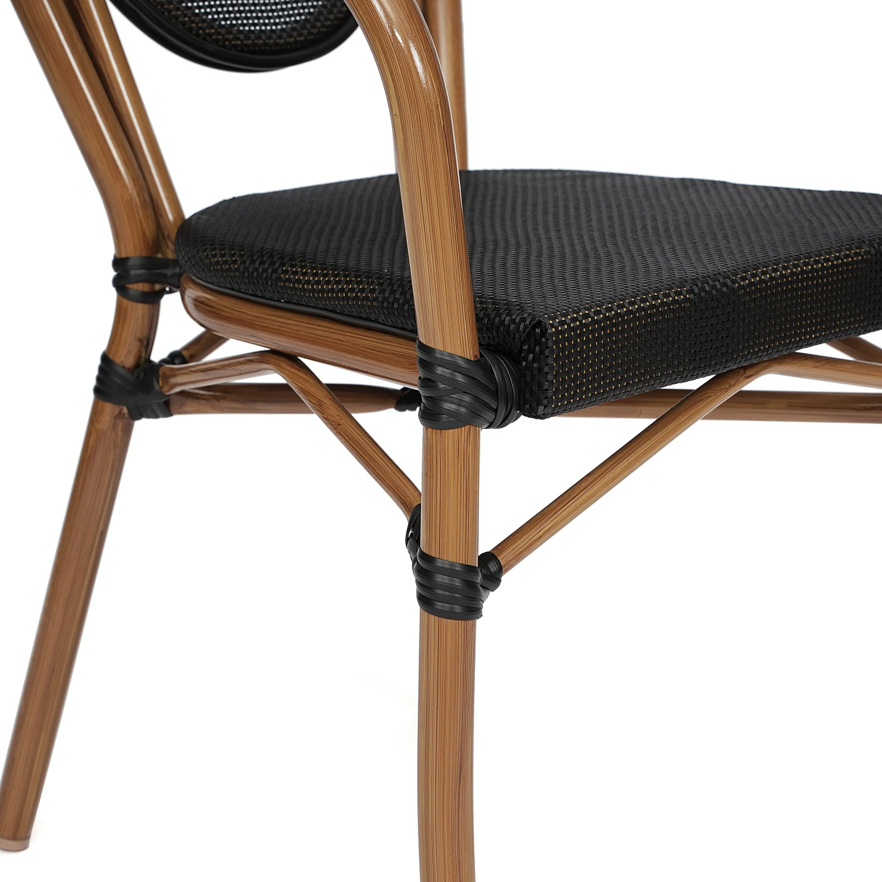 Marseille Indoor/Outdoor Commercial Thonet Bistro Stacking Chair with Arms, Textilene and Bamboo Print Aluminum Frame