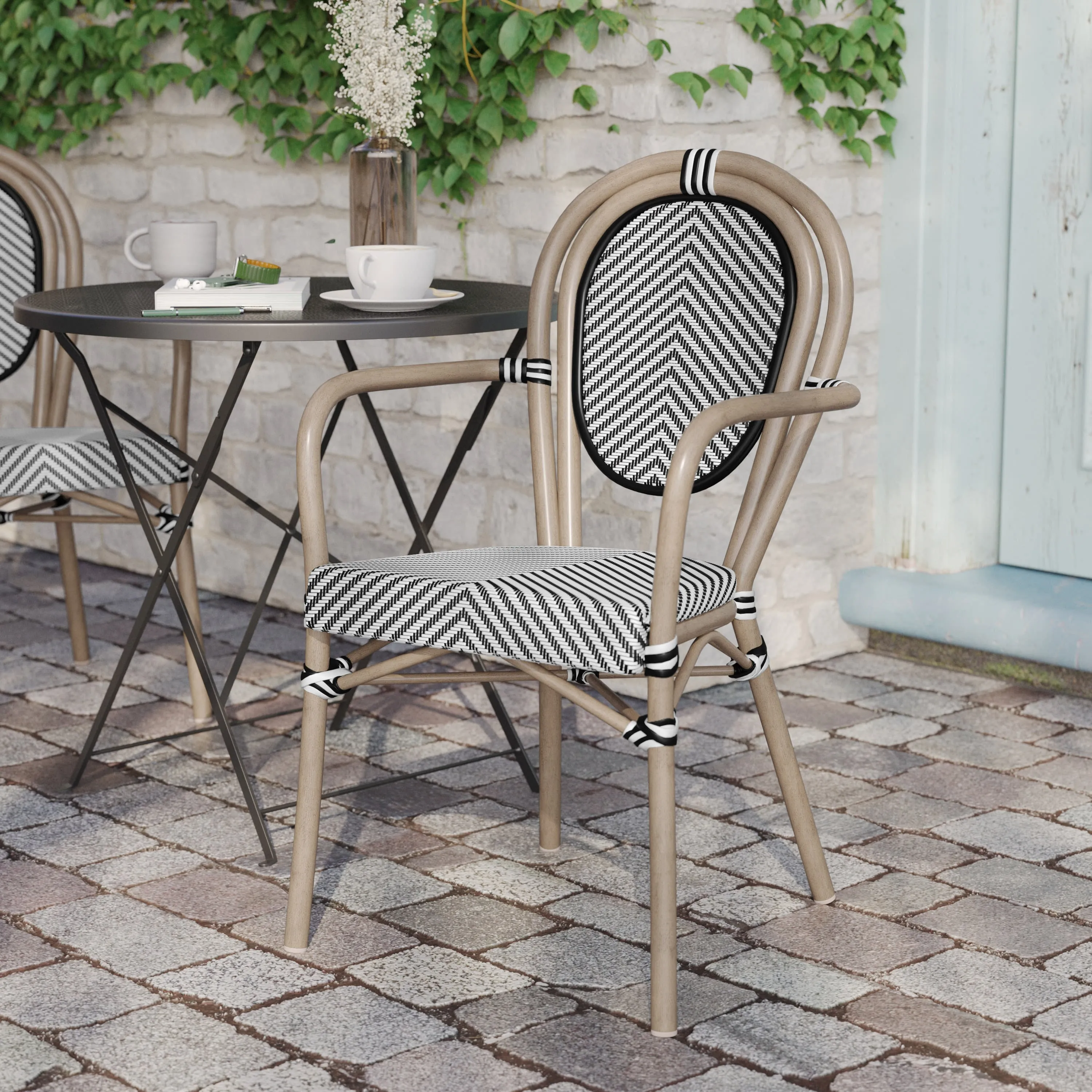 Marseille Indoor/Outdoor Commercial Thonet Bistro Stacking Chair with Arms, Textilene and Bamboo Print Aluminum Frame