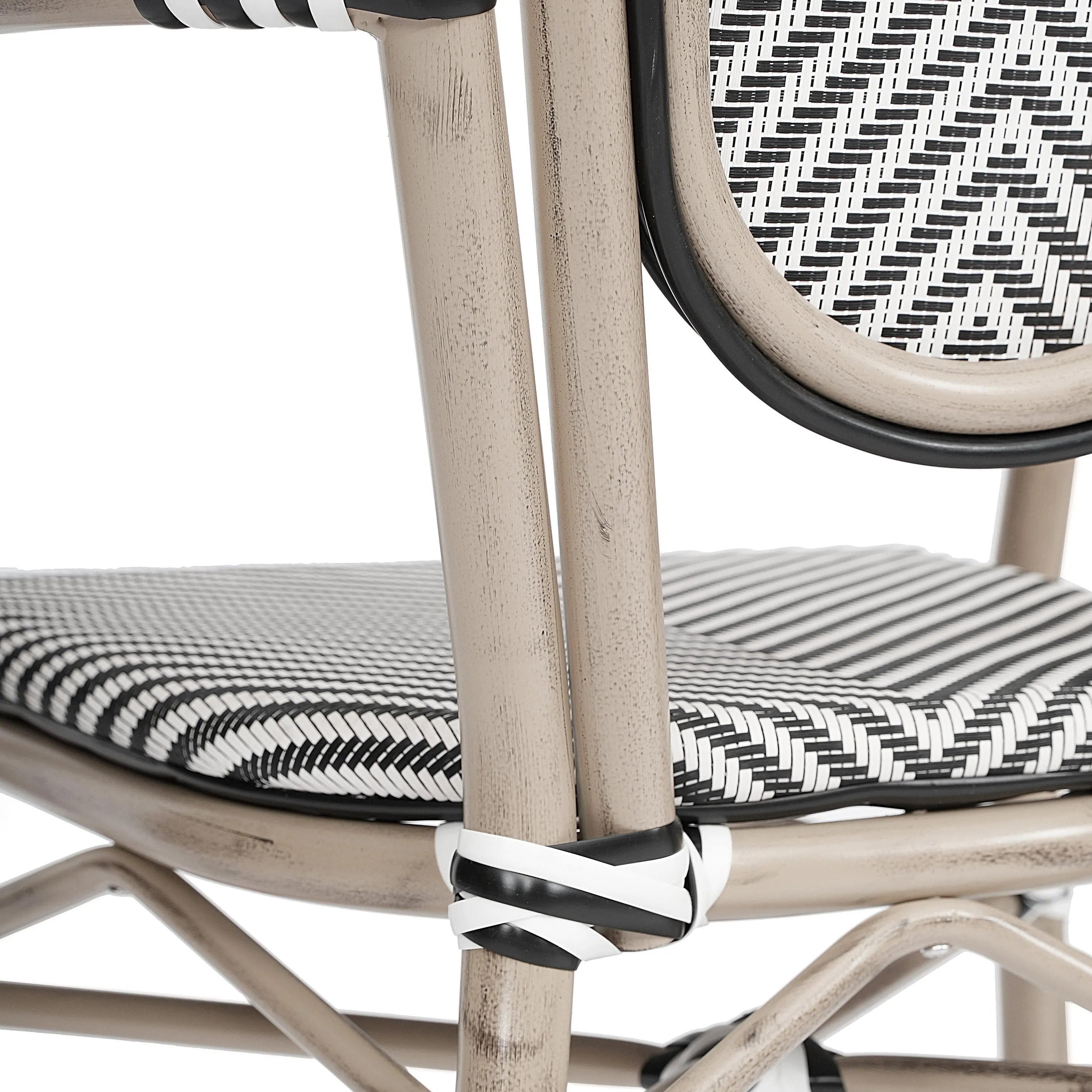 Marseille Indoor/Outdoor Commercial Thonet Bistro Stacking Chair with Arms, Textilene and Bamboo Print Aluminum Frame