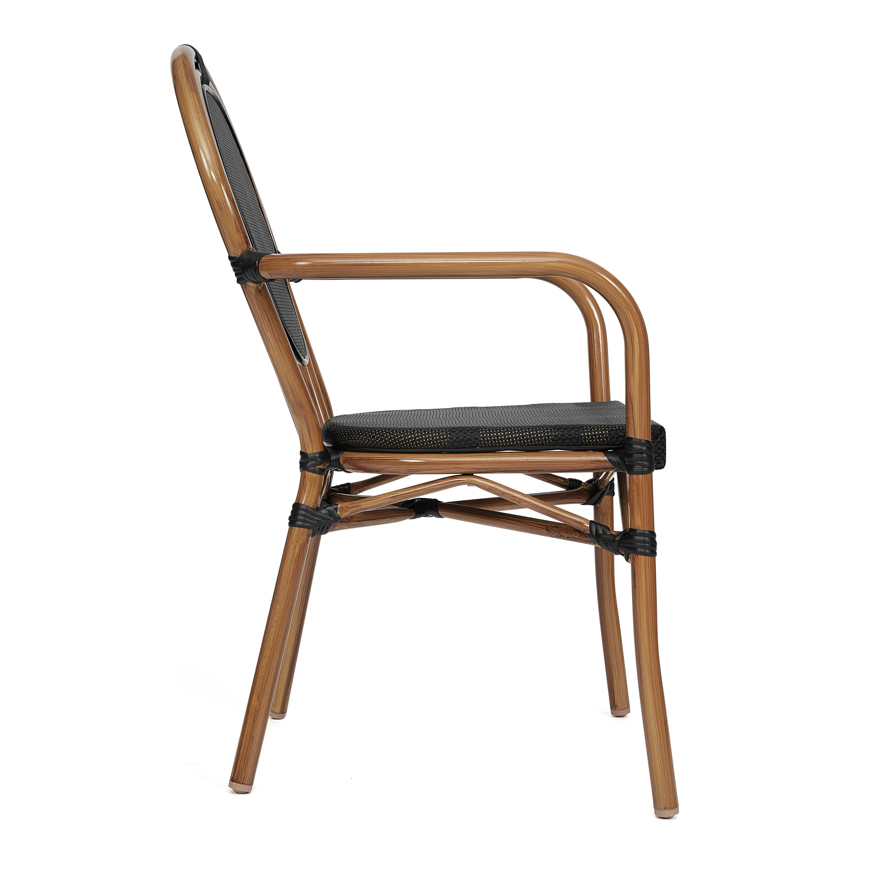 Marseille Indoor/Outdoor Commercial Thonet Bistro Stacking Chair with Arms, Textilene and Bamboo Print Aluminum Frame