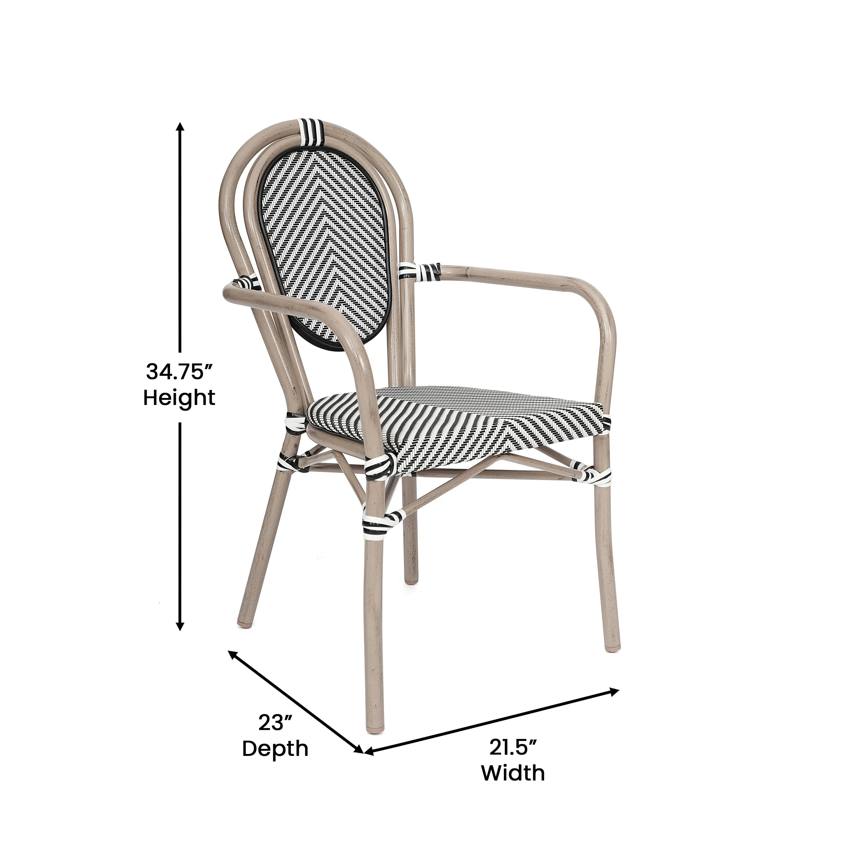 Marseille Indoor/Outdoor Commercial Thonet Bistro Stacking Chair with Arms, Textilene and Bamboo Print Aluminum Frame