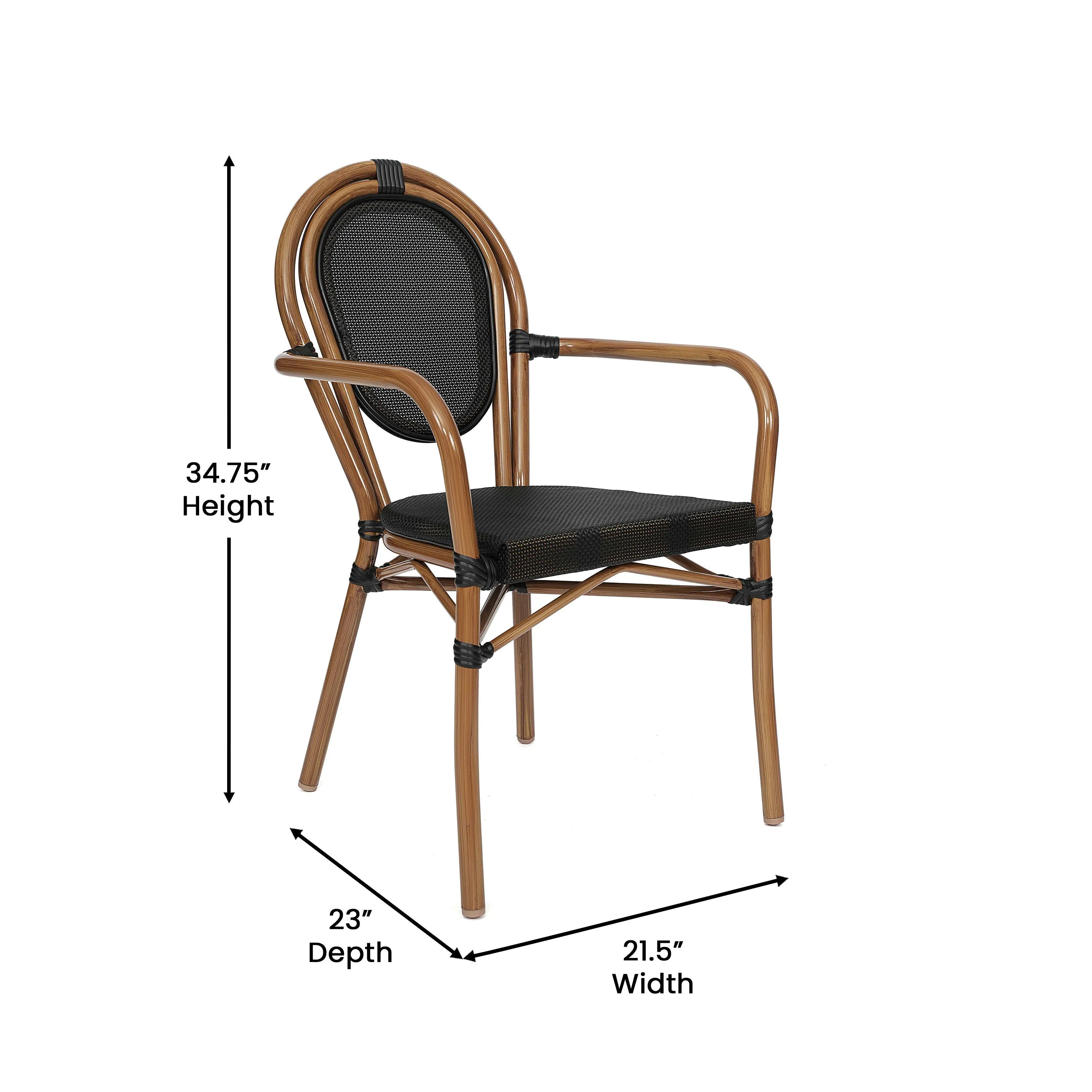 Marseille Indoor/Outdoor Commercial Thonet Bistro Stacking Chair with Arms, Textilene and Bamboo Print Aluminum Frame