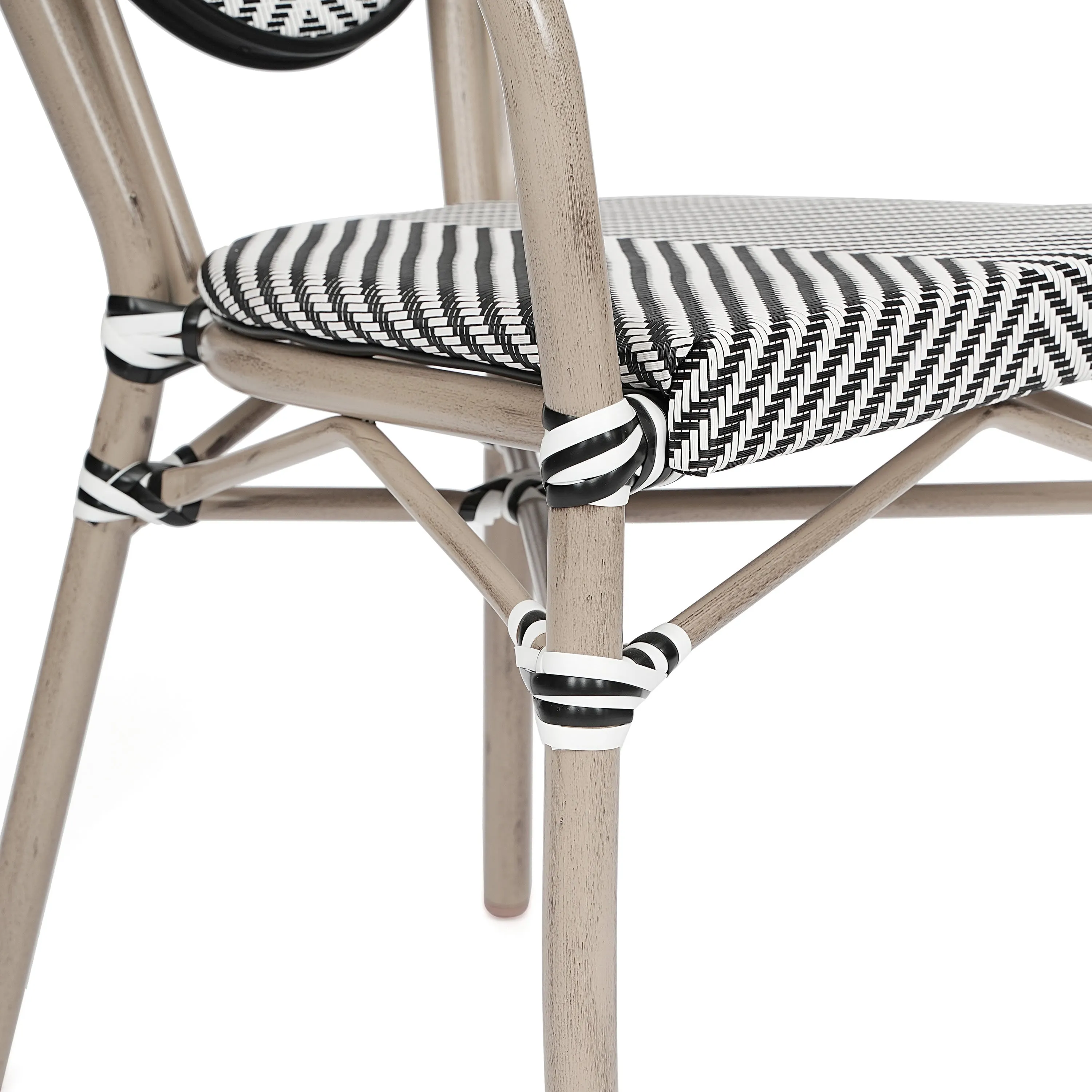 Marseille Indoor/Outdoor Commercial Thonet Bistro Stacking Chair with Arms, Textilene and Bamboo Print Aluminum Frame