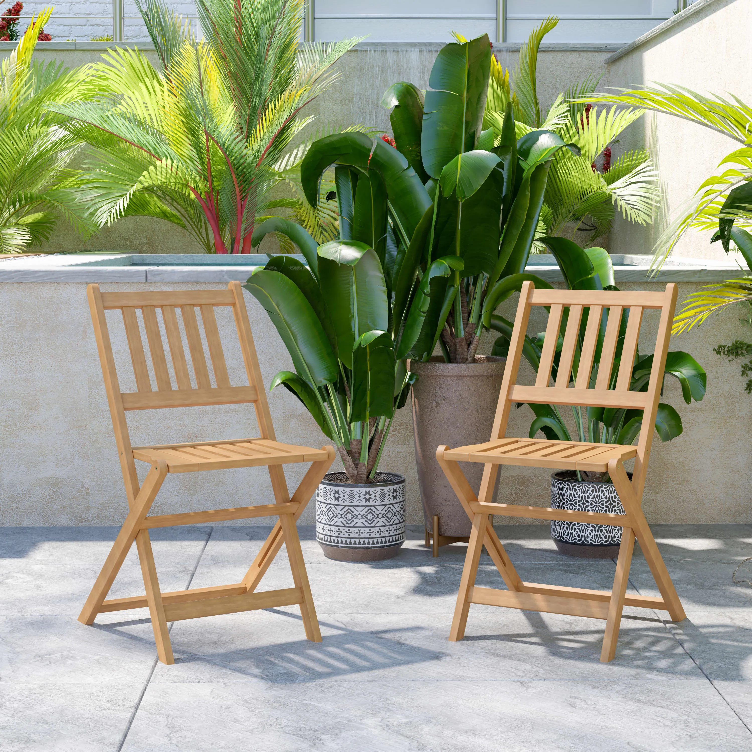 Martindale Indoor/Outdoor Folding Acacia Wood Patio Bistro Chairs with X Base Frame and Slatted Back and Seat in Natural Finish, Set of 2