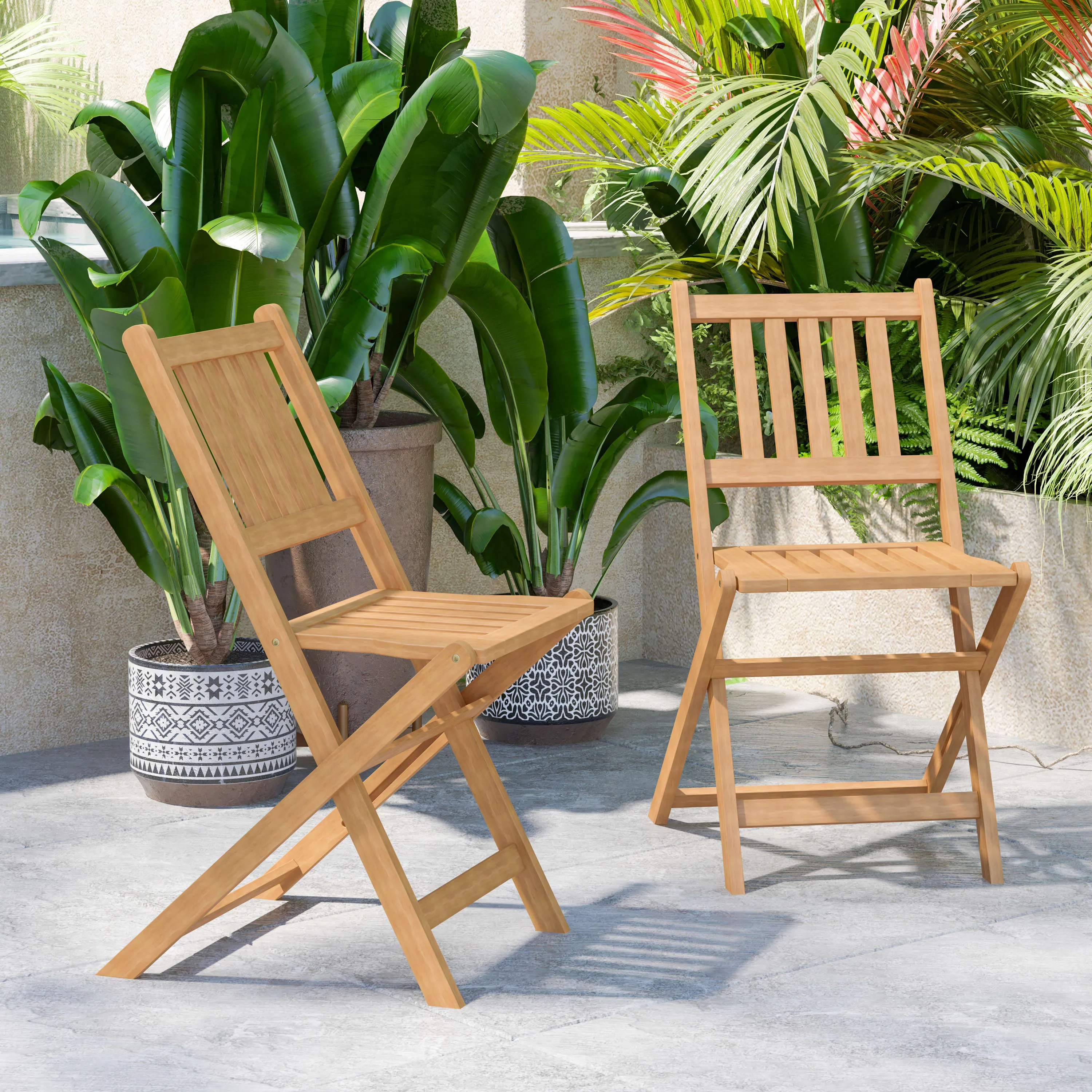 Martindale Indoor/Outdoor Folding Acacia Wood Patio Bistro Chairs with X Base Frame and Slatted Back and Seat in Natural Finish, Set of 2