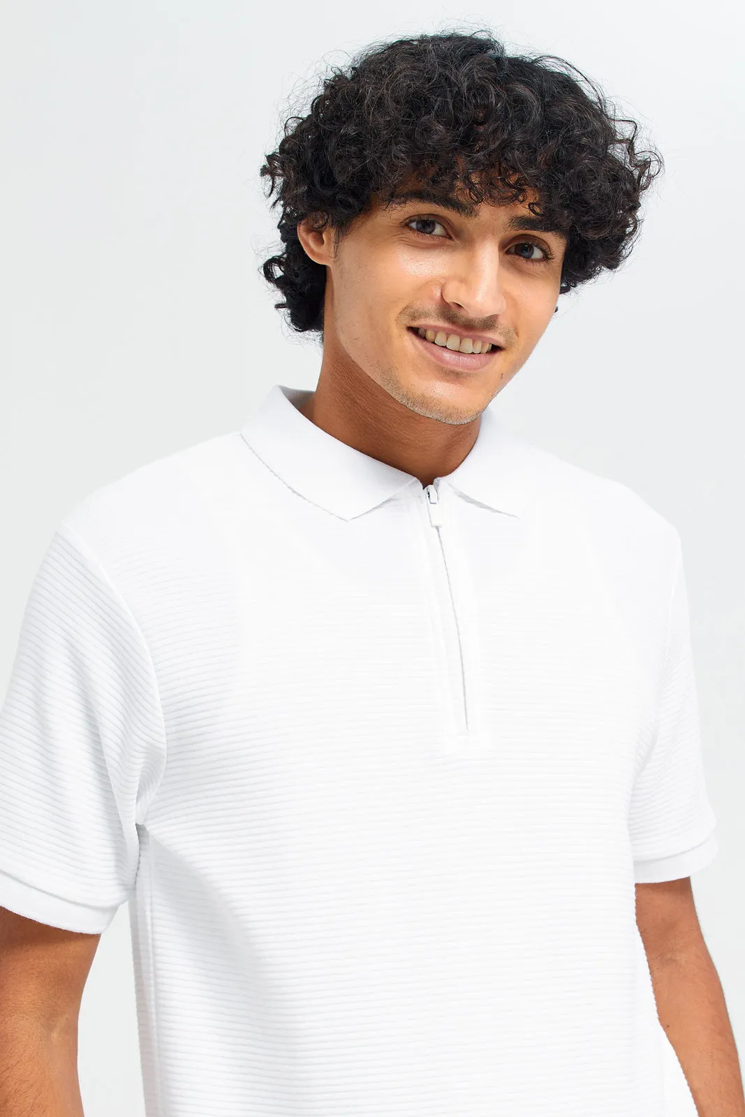 Men White Textured Polo Shirt