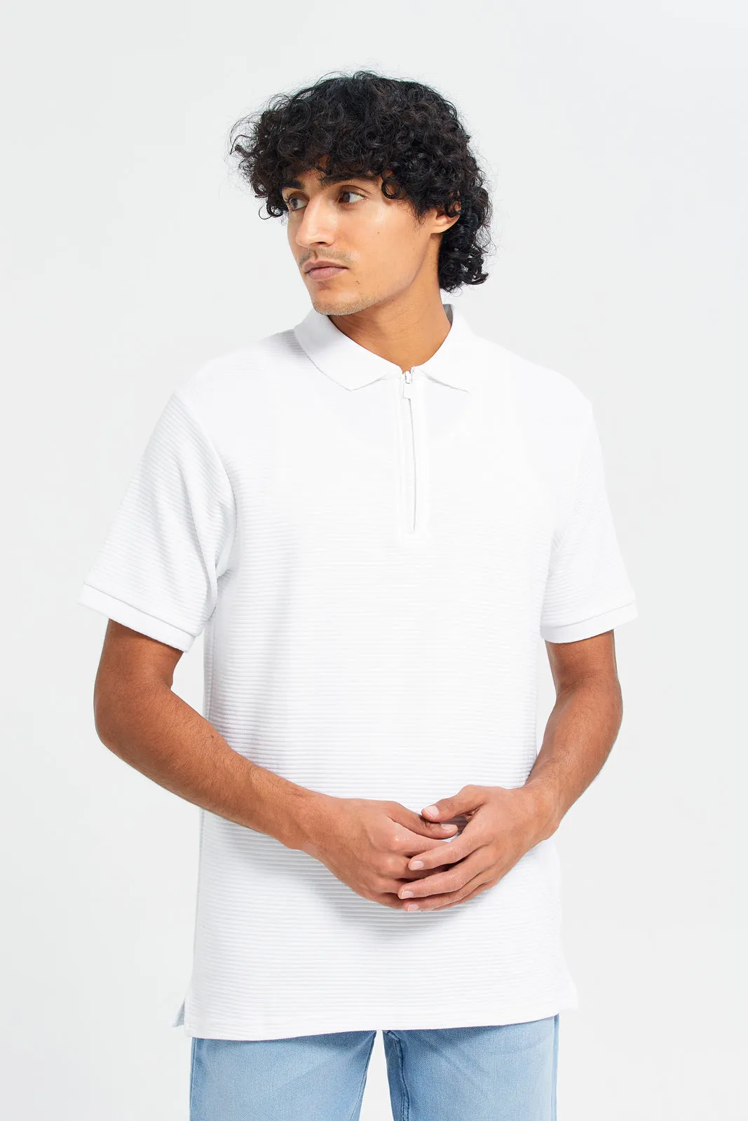 Men White Textured Polo Shirt