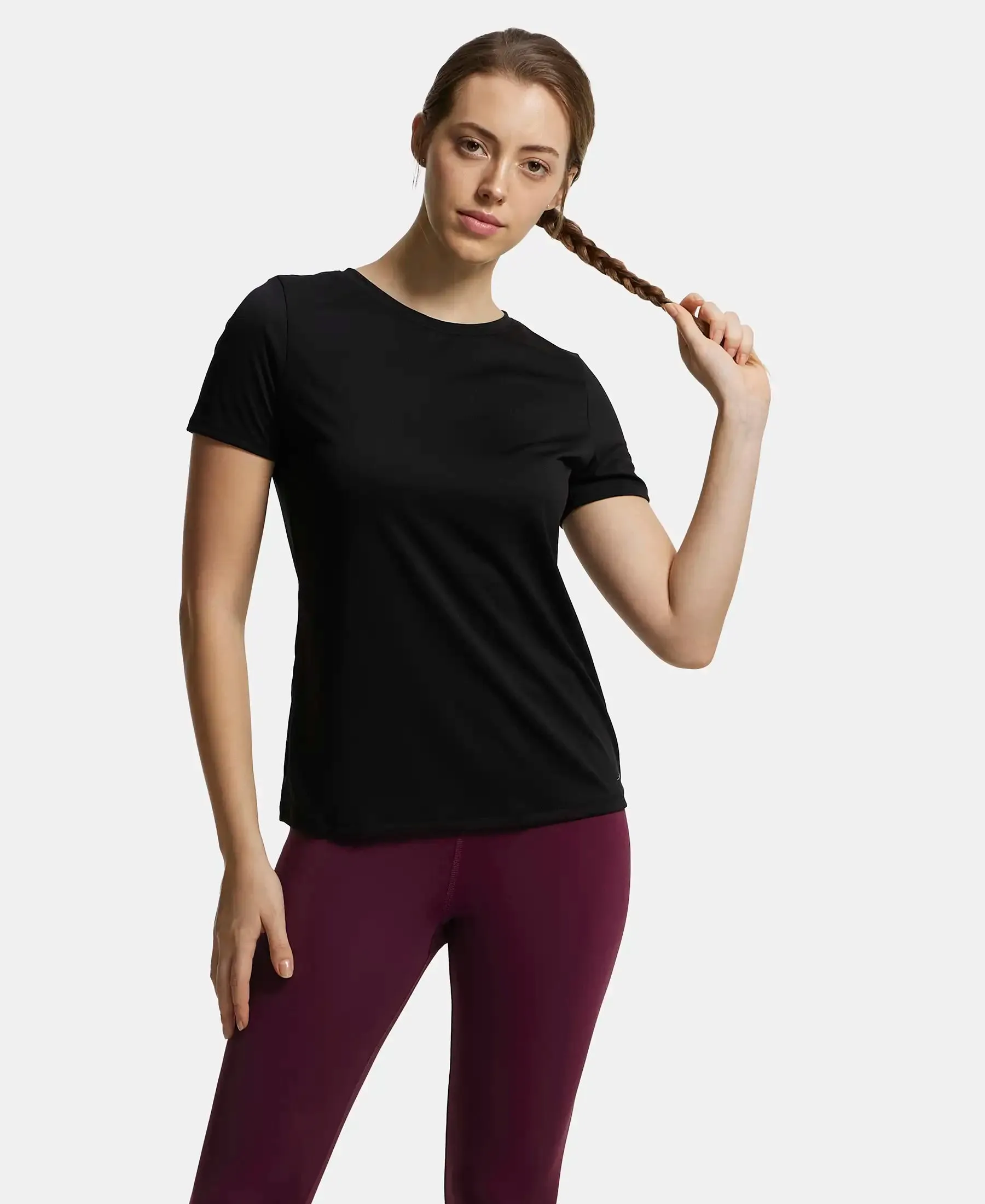 Microfiber Polyester Fabric Relaxed Fit Solid Round Neck Half Sleeve T-Shirt - Black