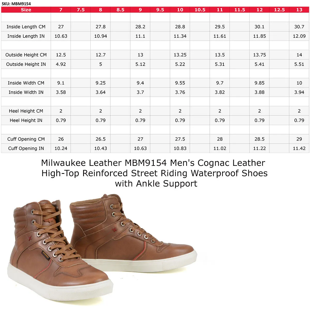 Milwaukee Leather MBM9154 Men's Cognac Leather High-Top Reinforced Street Riding Waterproof Shoes w/ Ankle Support