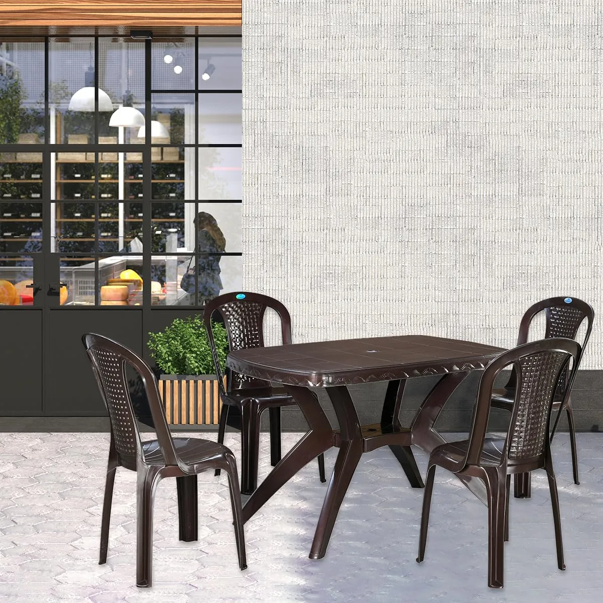 Nilkamal Shahensha Rectangular 4 Seater Virgin Plastic Dining Table Set for Dining Room| Indoor & Outdoor |Home Office | Hotel, Café and Restaurants |1 Dining Table with 4 Chairs |Color Weather Brown