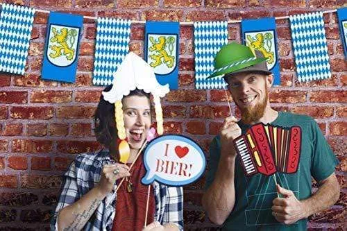 Oktoberfest Party Photo Booth Kit - Pre-Assembled Props and Bavarian Flag Background Banner Selfie Station Supplies