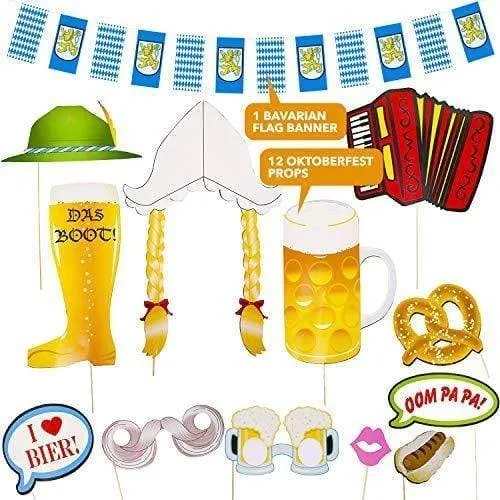 Oktoberfest Party Photo Booth Kit - Pre-Assembled Props and Bavarian Flag Background Banner Selfie Station Supplies