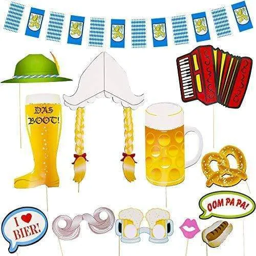 Oktoberfest Party Photo Booth Kit - Pre-Assembled Props and Bavarian Flag Background Banner Selfie Station Supplies