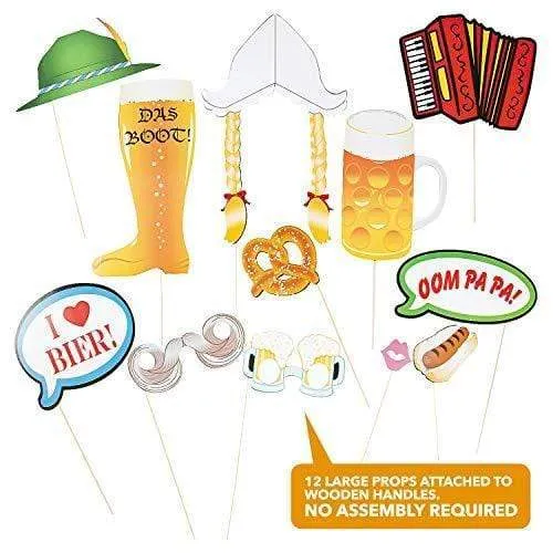 Oktoberfest Party Photo Booth Kit - Pre-Assembled Props and Bavarian Flag Background Banner Selfie Station Supplies