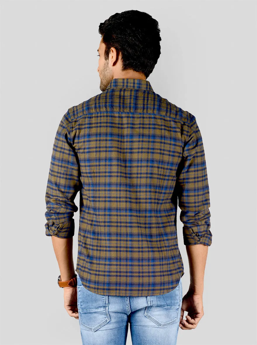 Olive Brown & Blue Checked Slim Fit Casual Shirt | Greenfibre