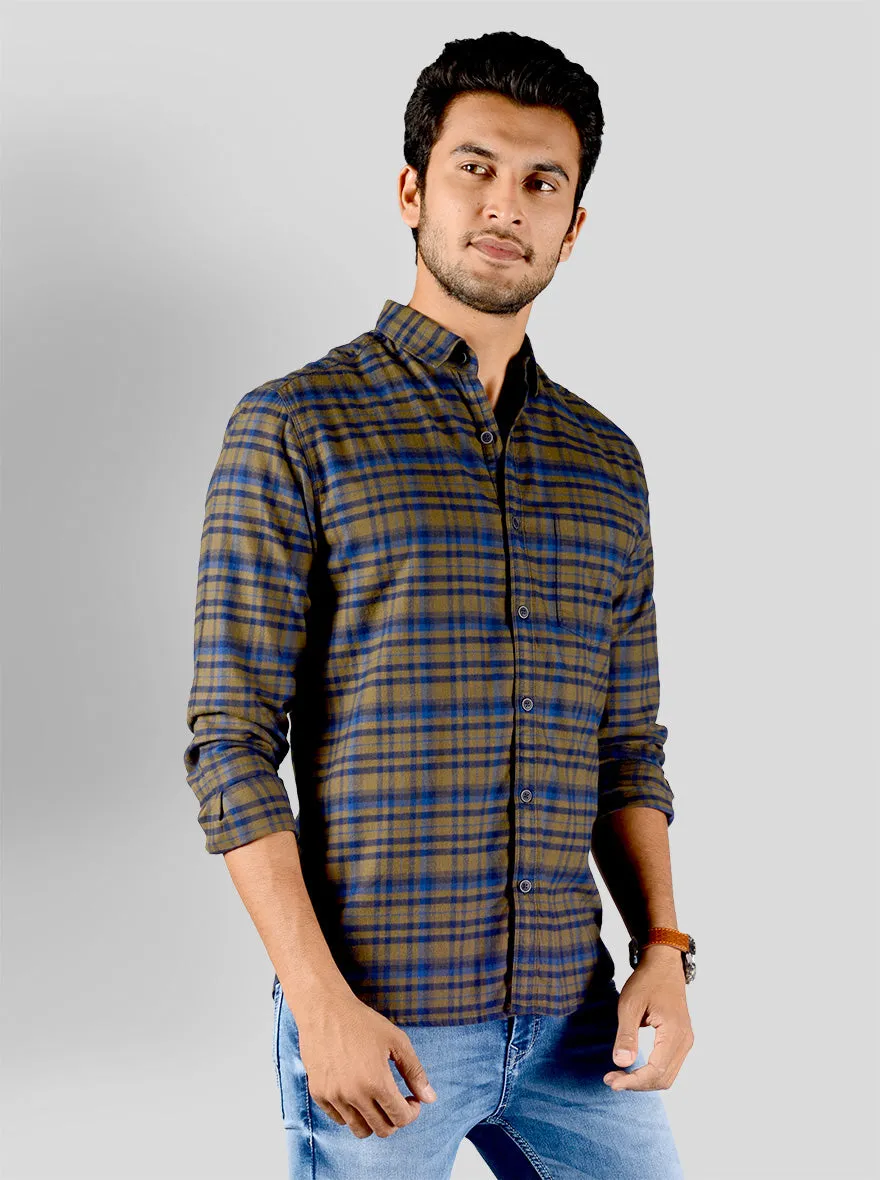 Olive Brown & Blue Checked Slim Fit Casual Shirt | Greenfibre