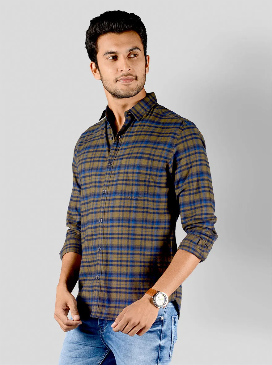 Olive Brown & Blue Checked Slim Fit Casual Shirt | Greenfibre