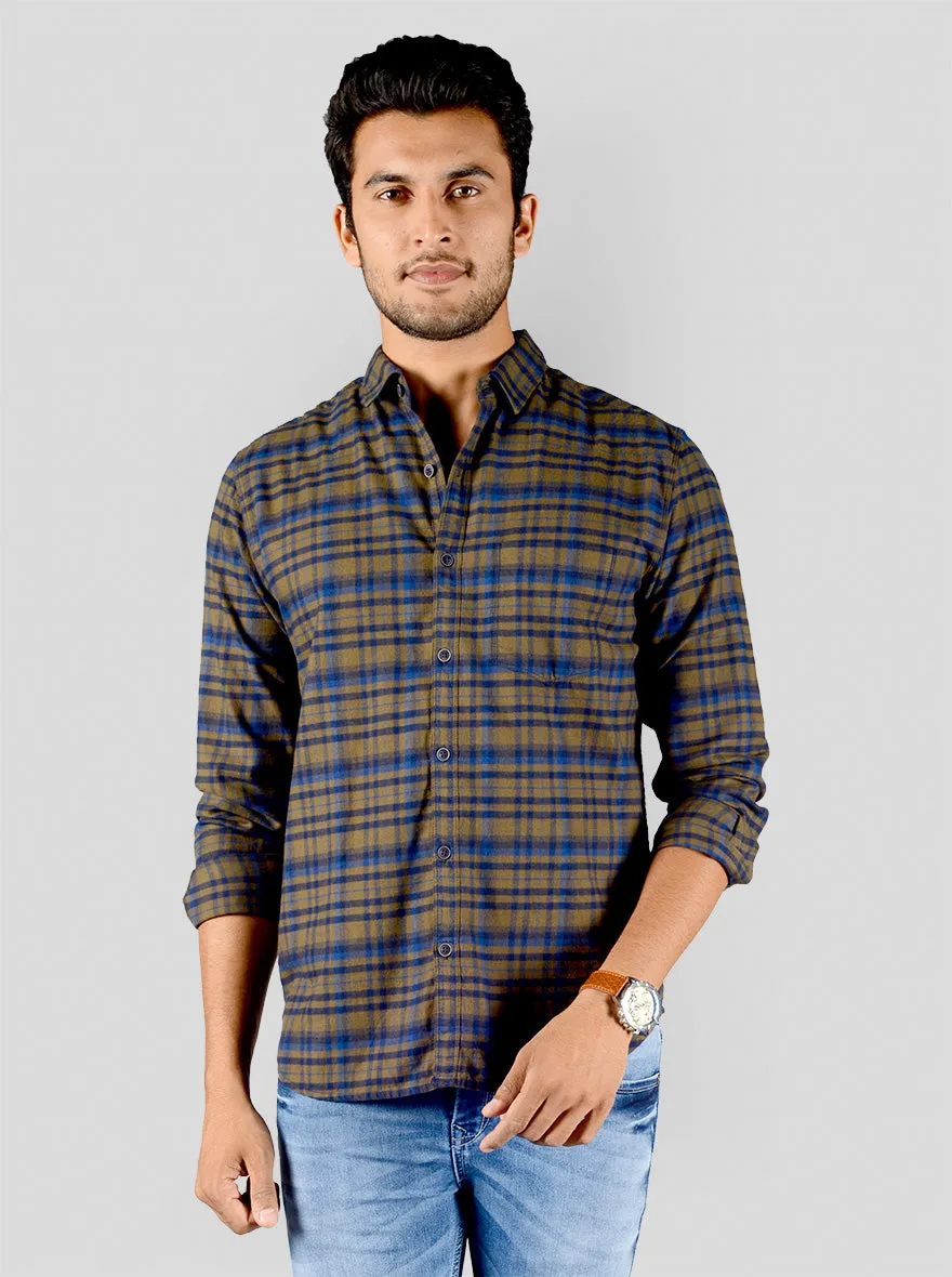 Olive Brown & Blue Checked Slim Fit Casual Shirt | Greenfibre