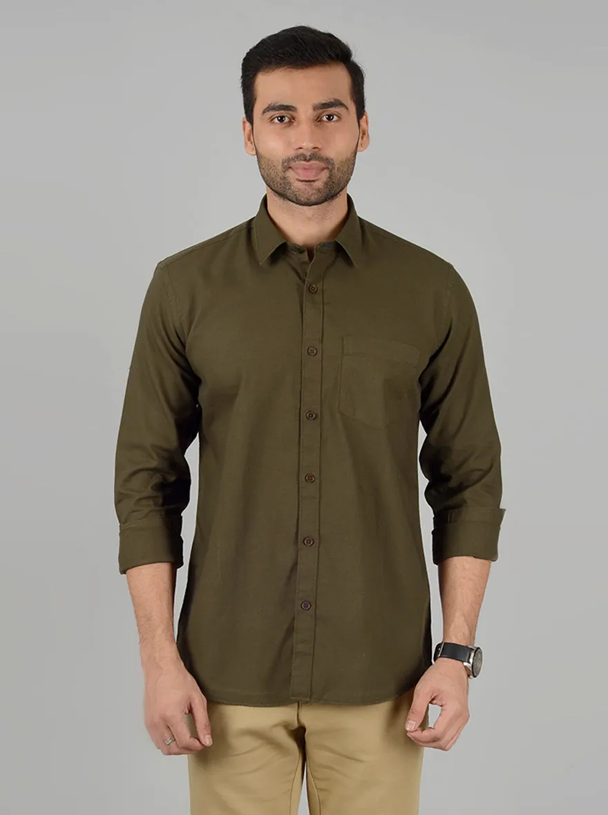 Olive Solid Slim Fit Casual Shirt | Greenfibre