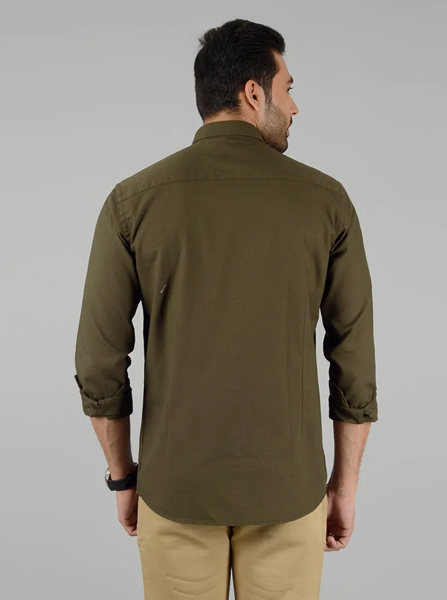 Olive Solid Slim Fit Casual Shirt | Greenfibre